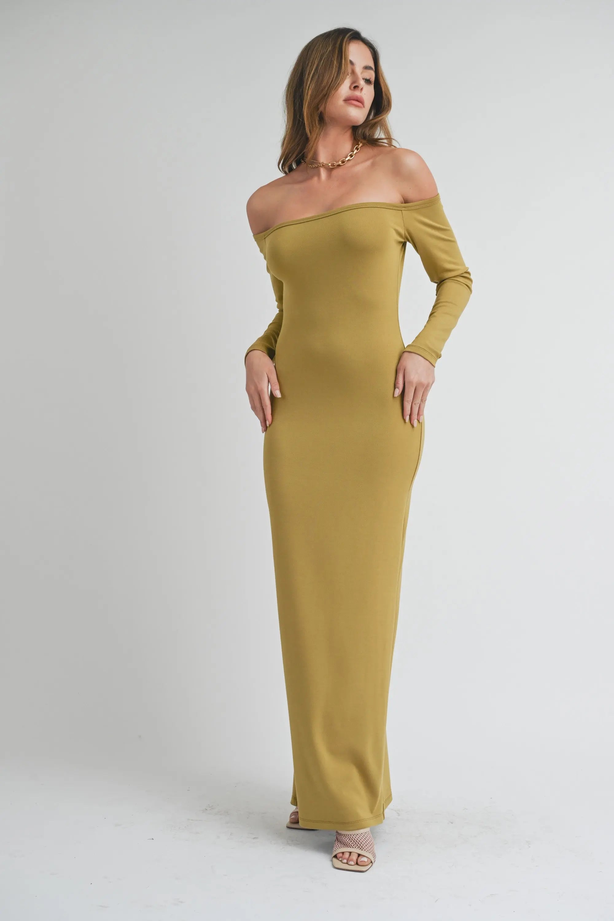 Lime Off Shoulder Long Sleeve Maxi Dress With Back Slit PinkBlush