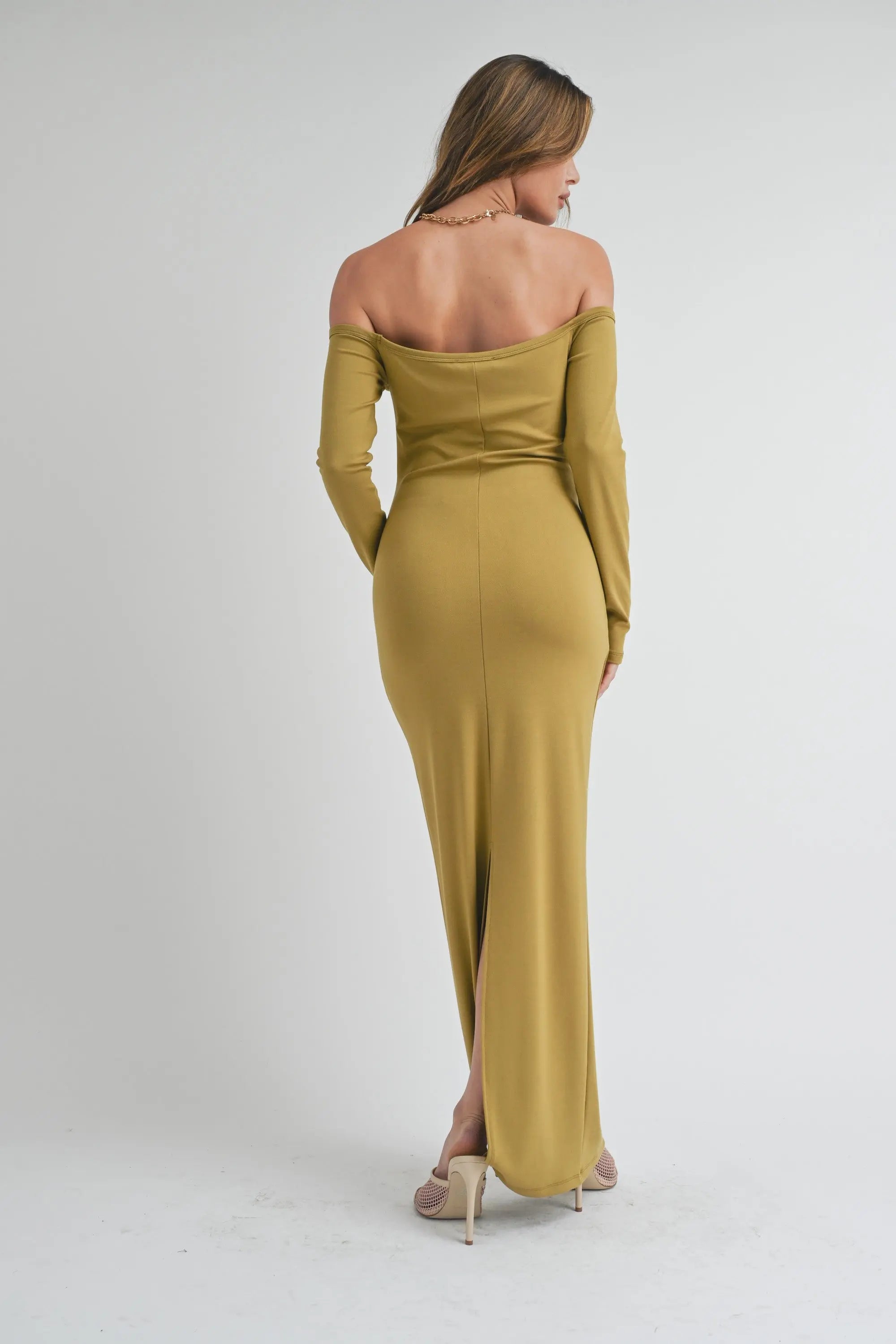 Lime Off Shoulder Long Sleeve Maxi Dress With Back Slit PinkBlush