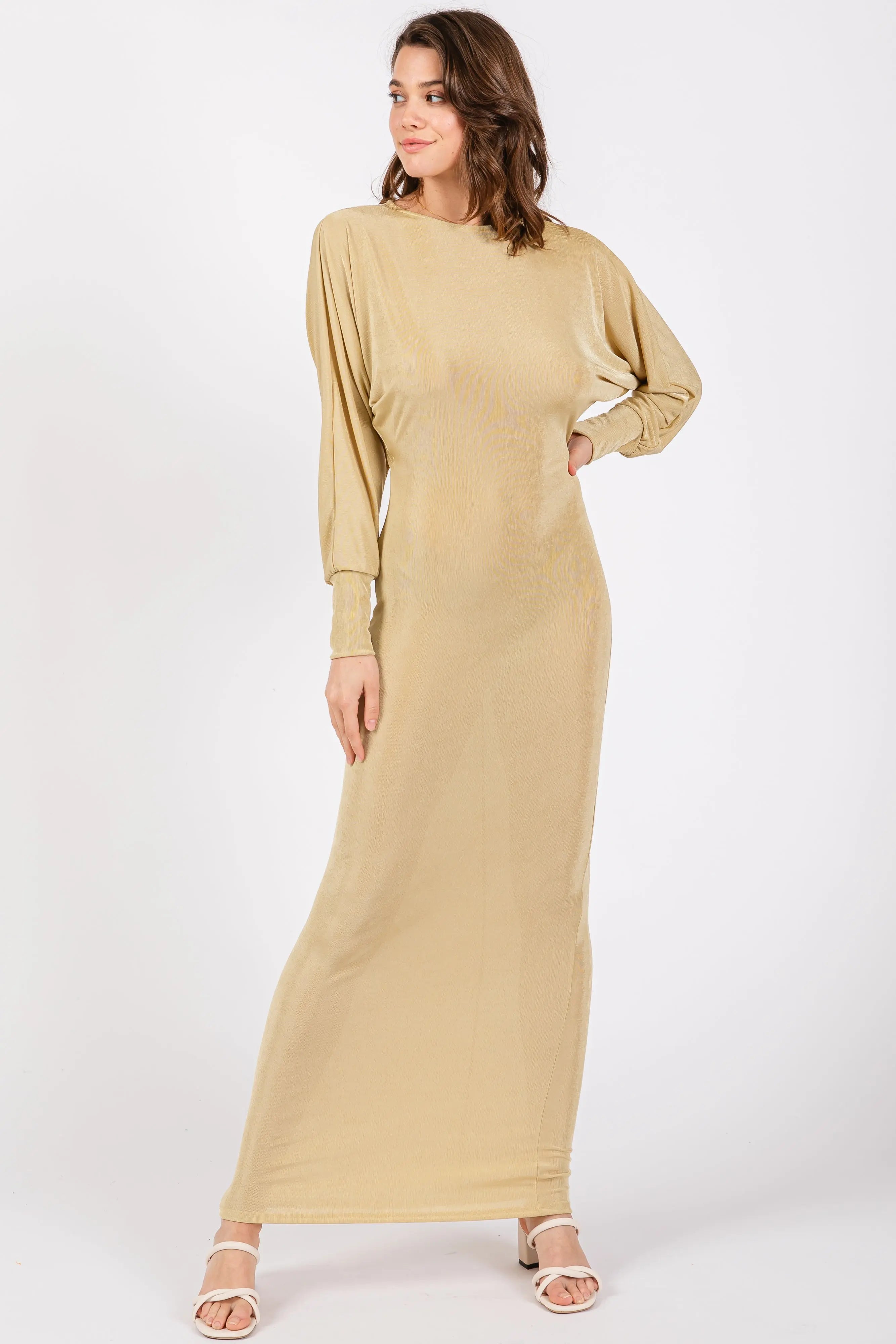 Gold Long Sleeve Open Back Maxi Dress PinkBlush