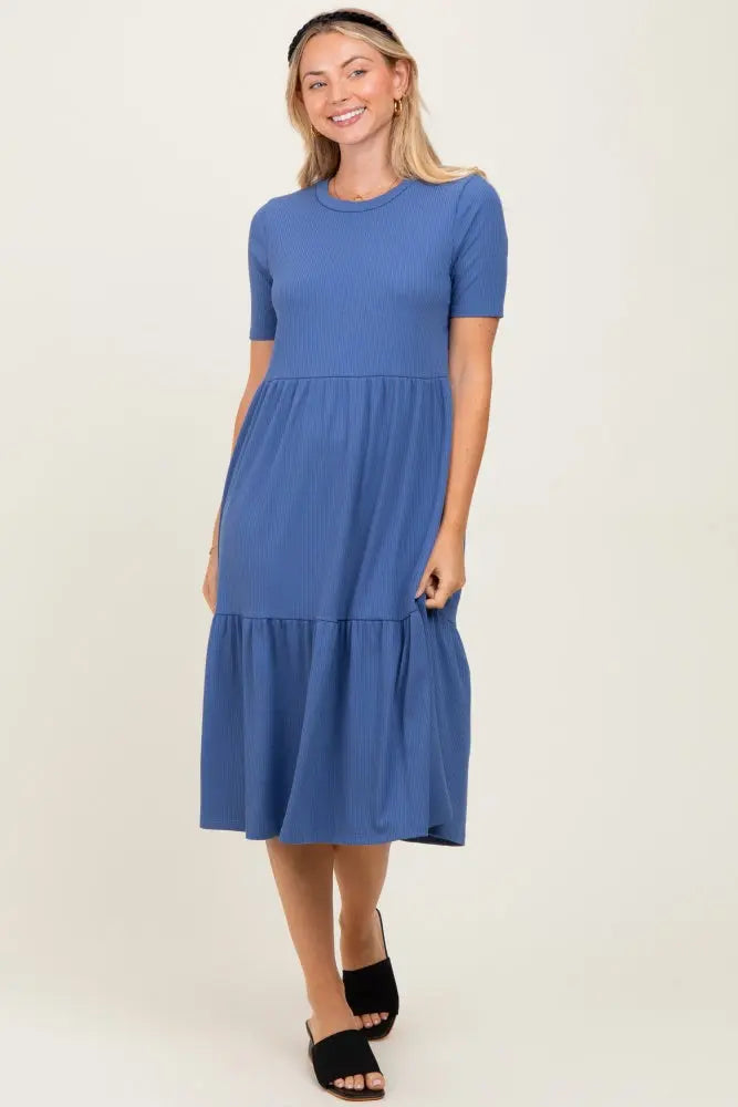 Blue Ribbed Maternity Midi Dress With Tiered Skirt And Short Sleeves PinkBlush