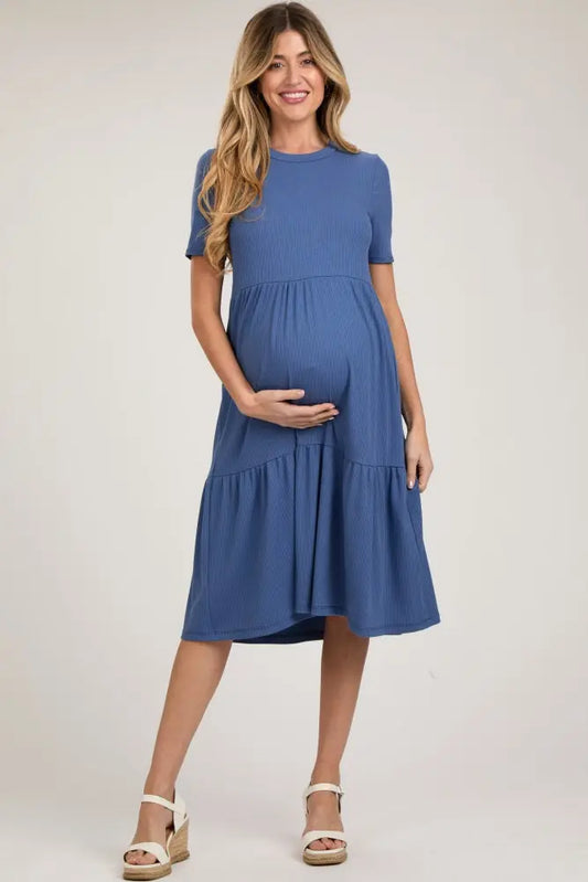 Blue Ribbed Maternity Midi Dress With Tiered Skirt And Short Sleeves PinkBlush