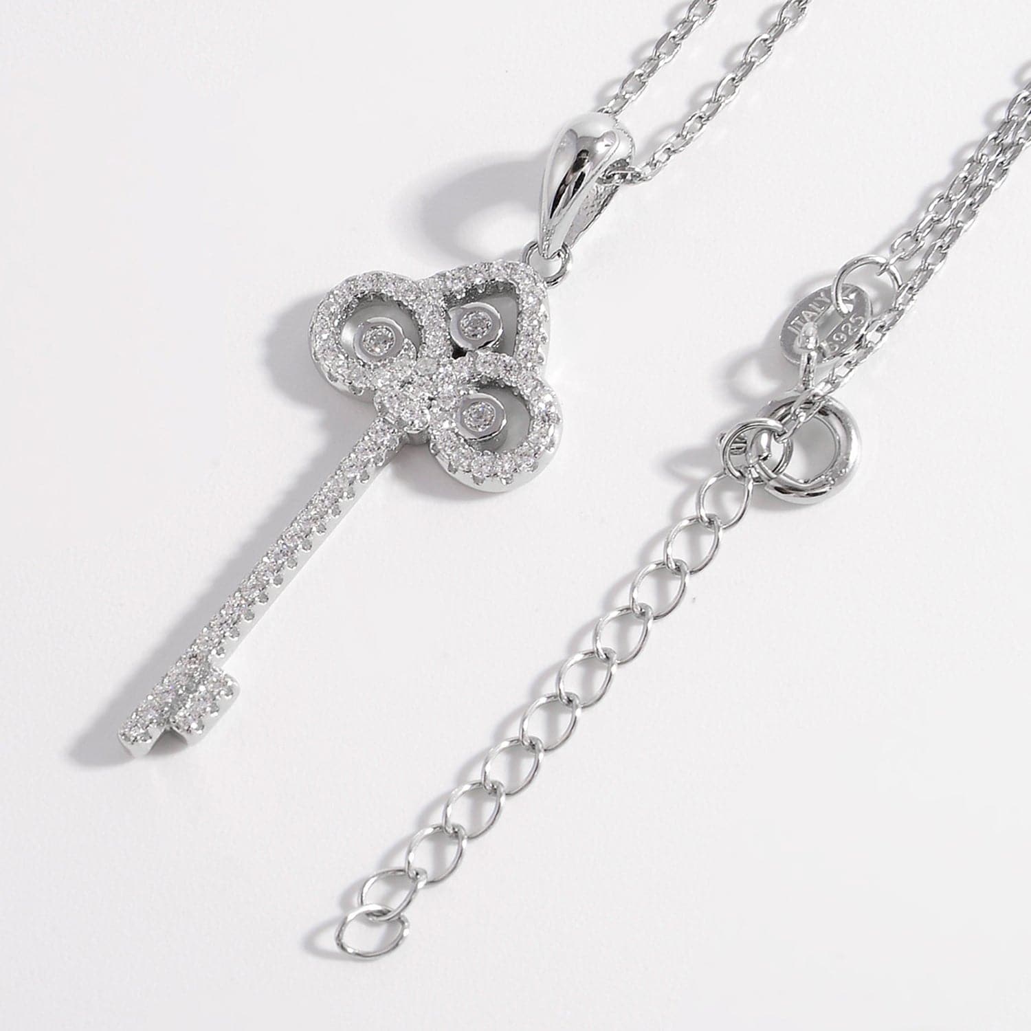 925 Sterling Silver Inlaid Zircon Key Shape Necklace.