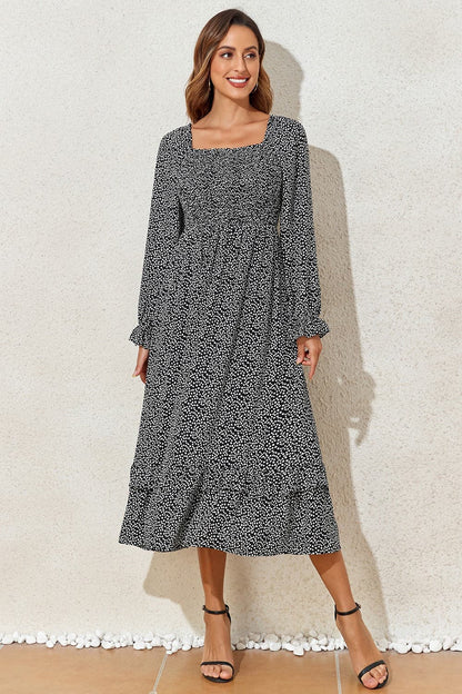 Printed Square Neck Long Sleeve Midi Dress.