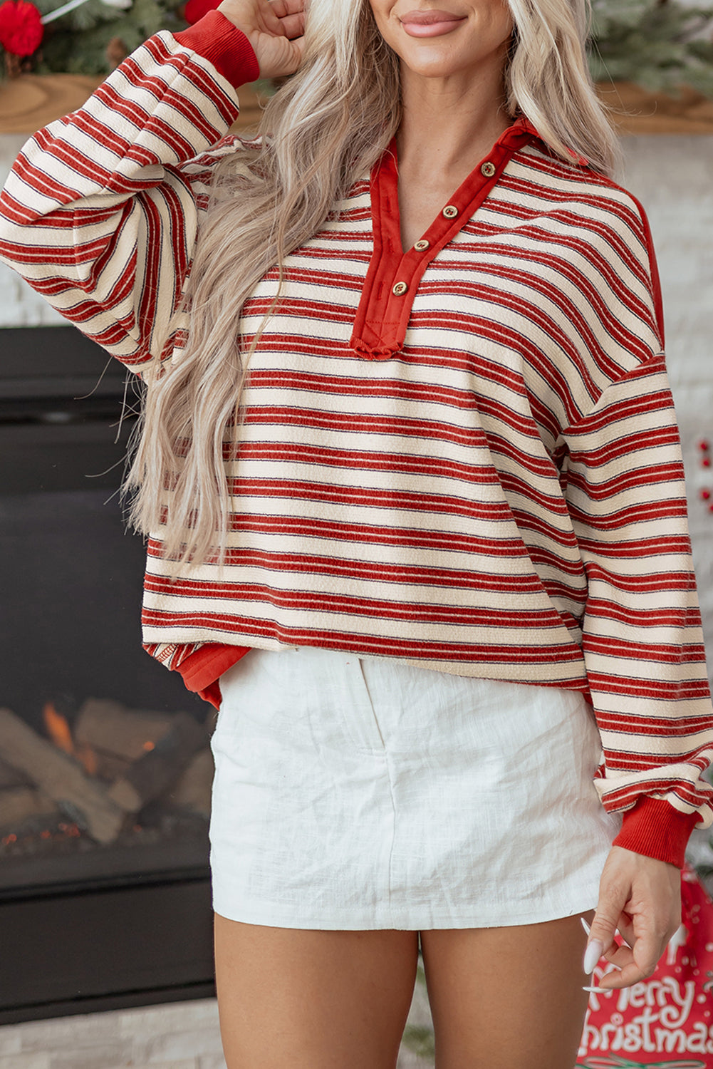 Red Stripe Buttoned V Neck Collared Drop Shoulder Top Love Salve