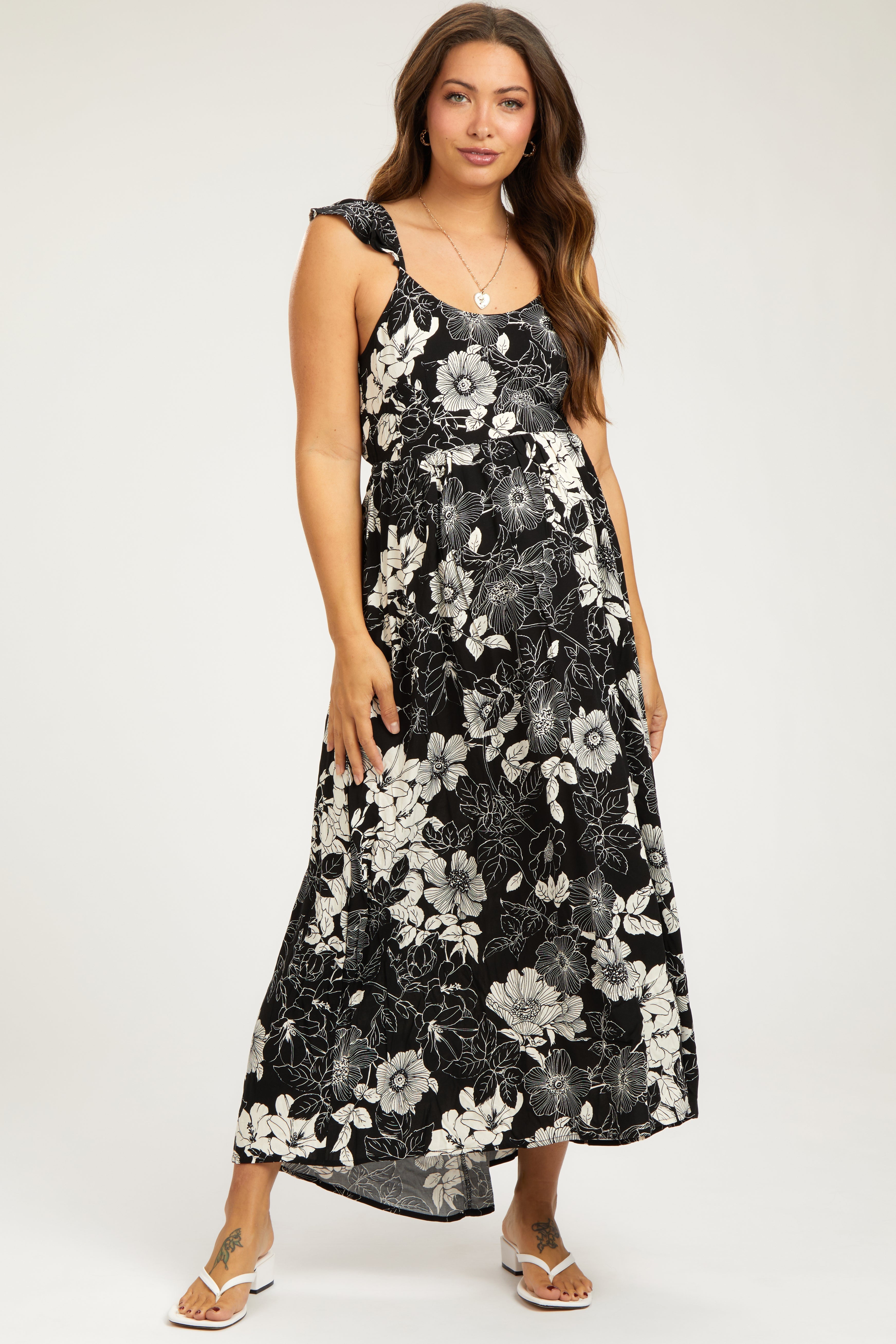 Black Floral Back Tie Maternity Maxi Dress PinkBlush