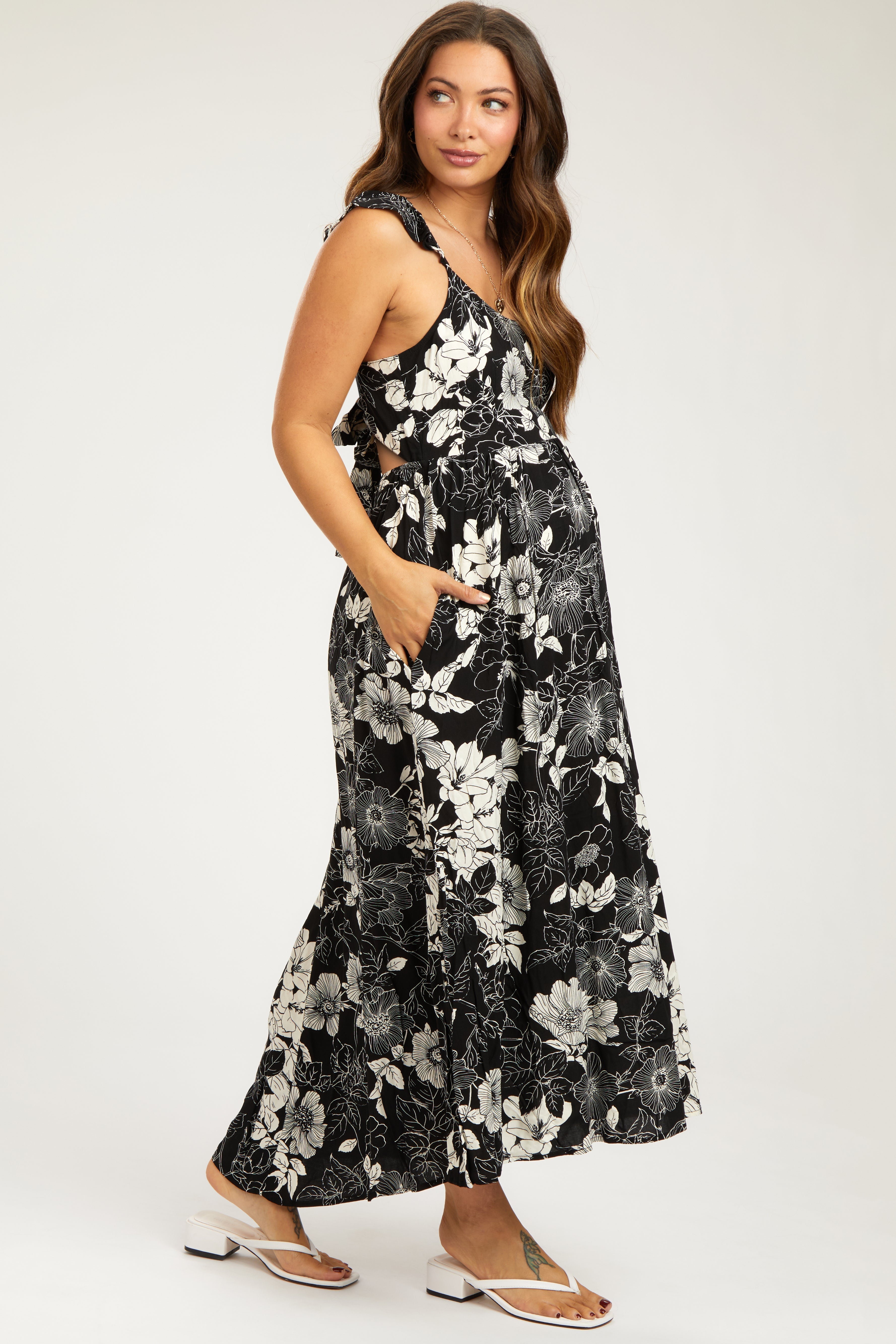 Black Floral Back Tie Maternity Maxi Dress PinkBlush