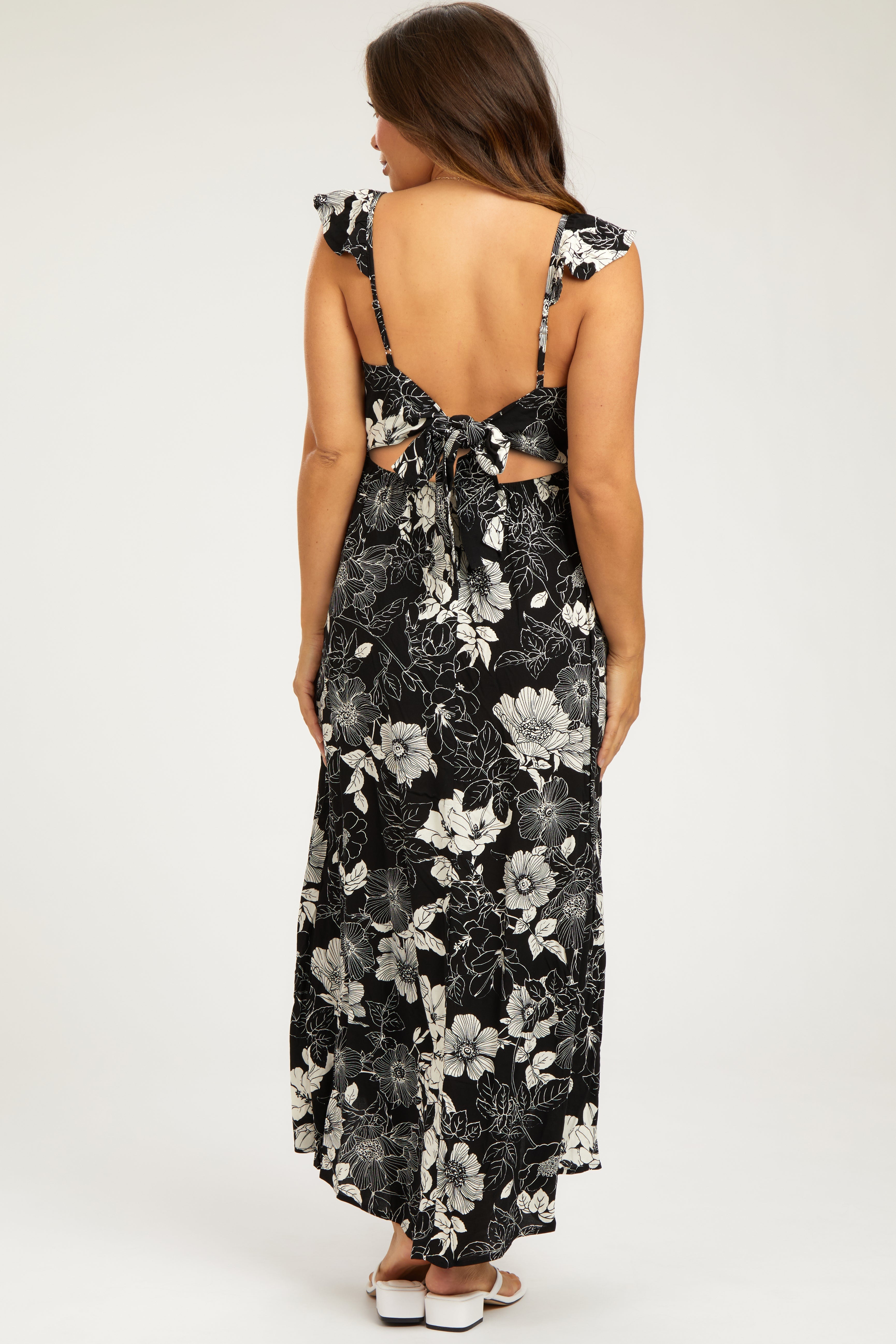 Black Floral Back Tie Maternity Maxi Dress PinkBlush