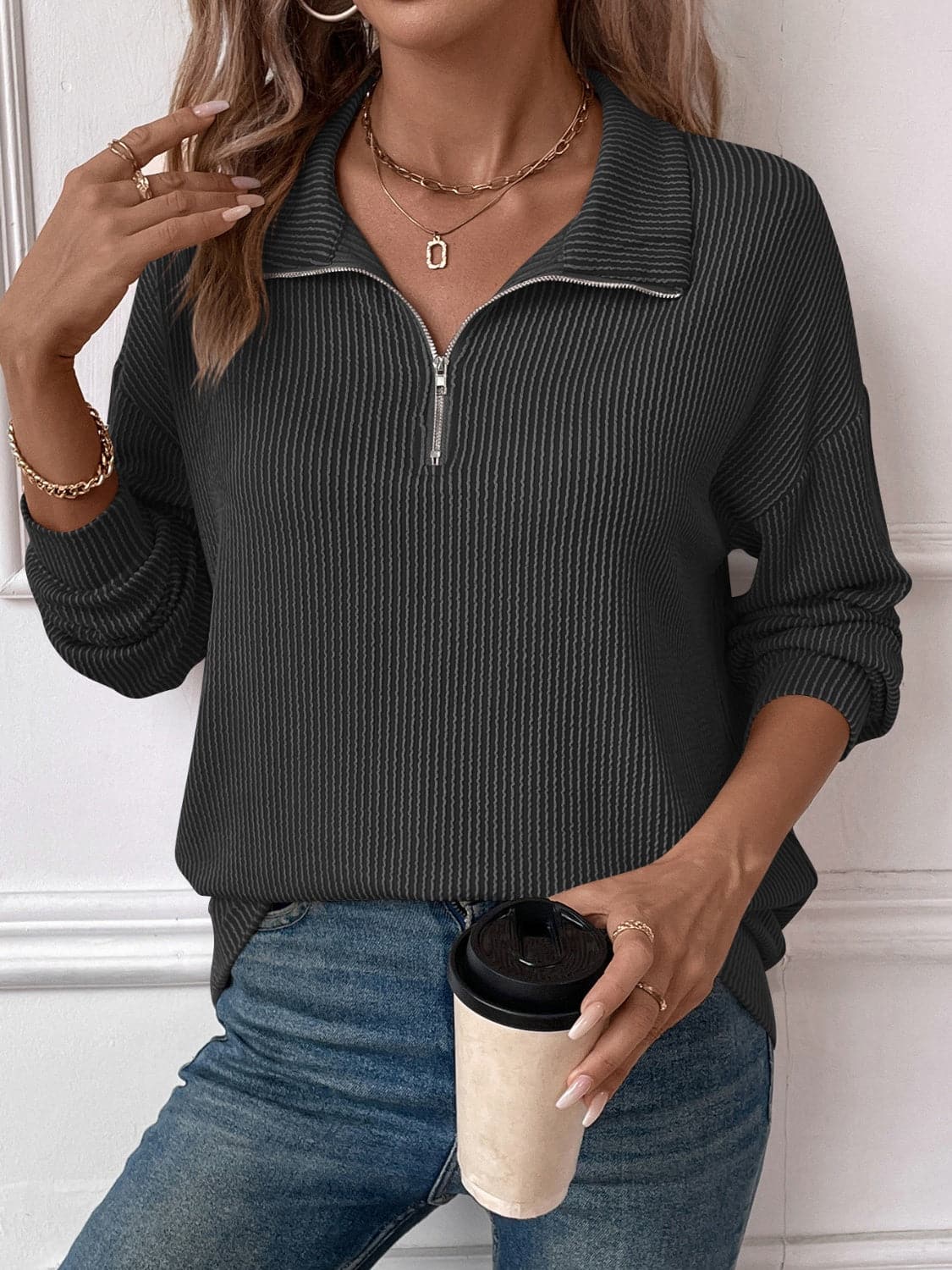 Double Take half zip striped tee