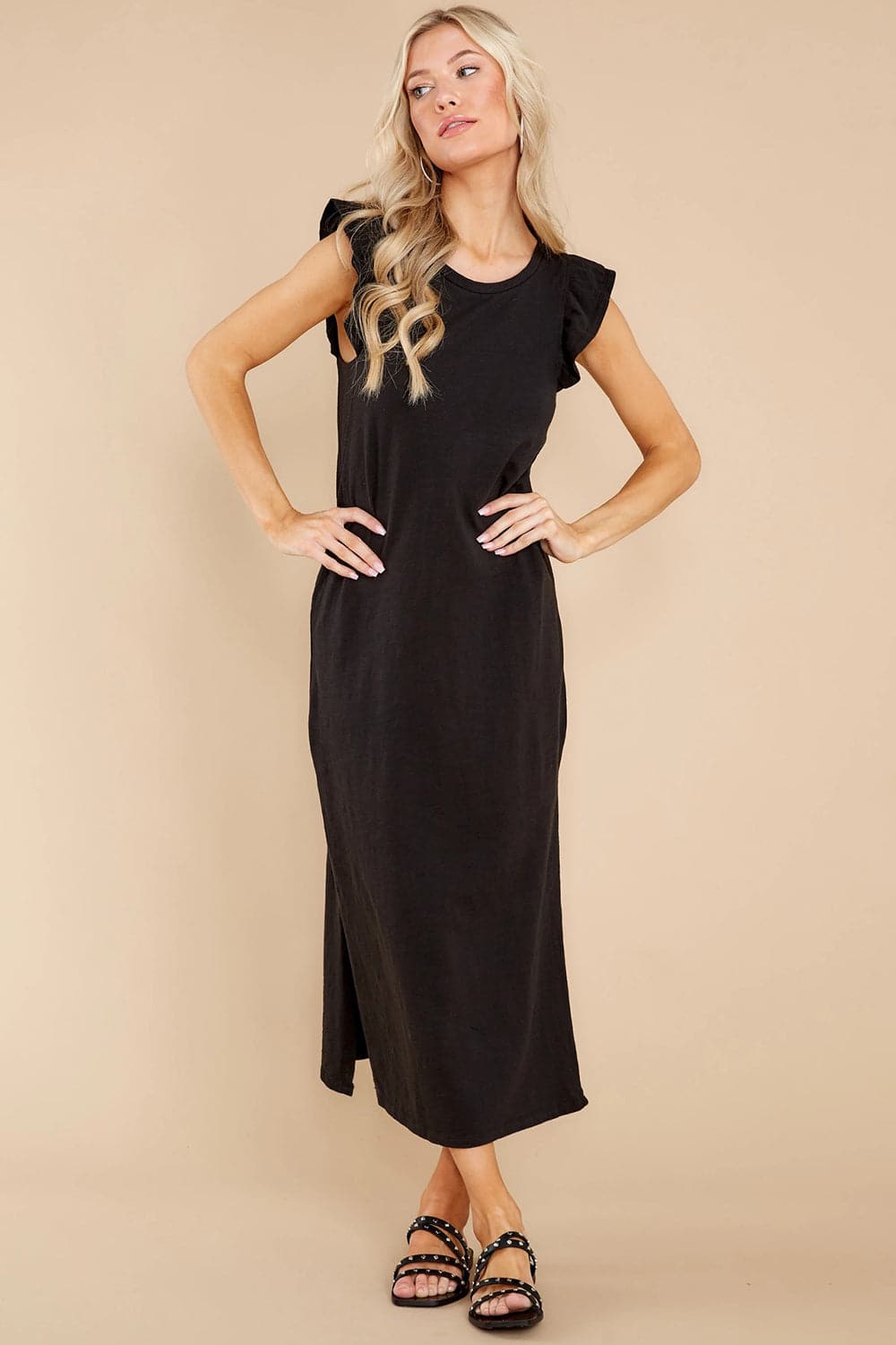 Ruffled Slit Round Neck Cap Sleeve Dress.