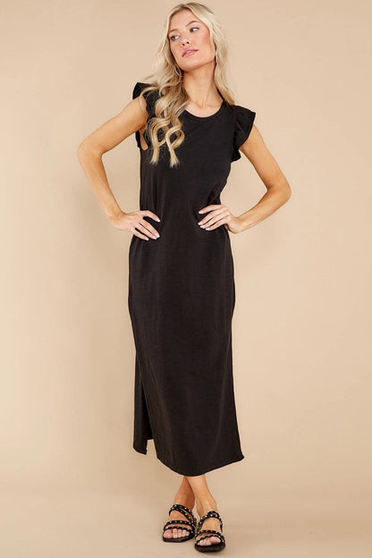 Ruffled Slit Round Neck Cap Sleeve Dress.