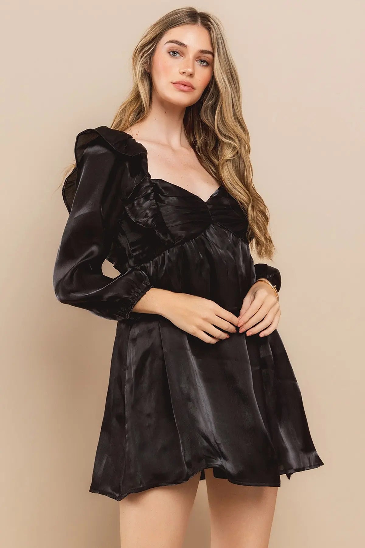 Black Satin Smocked Back Babydoll Dress PinkBlush