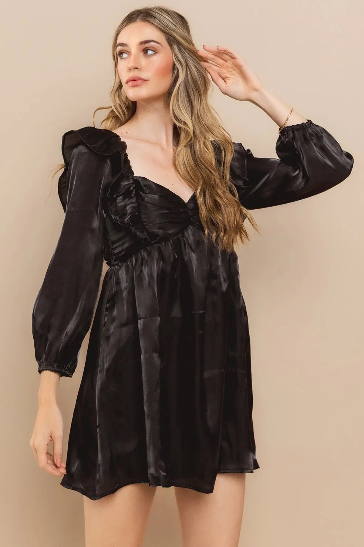 Black Satin Smocked Back Babydoll Dress PinkBlush