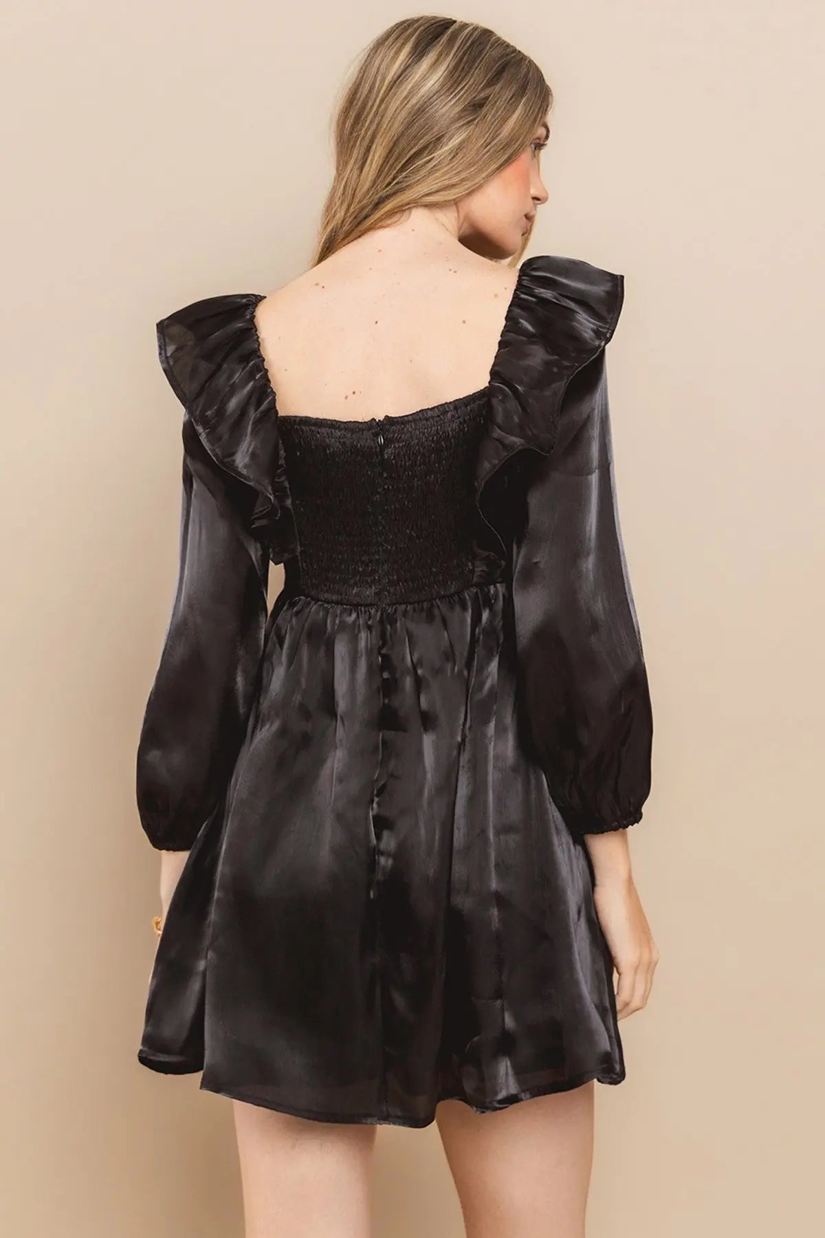 Black Satin Smocked Back Babydoll Dress PinkBlush