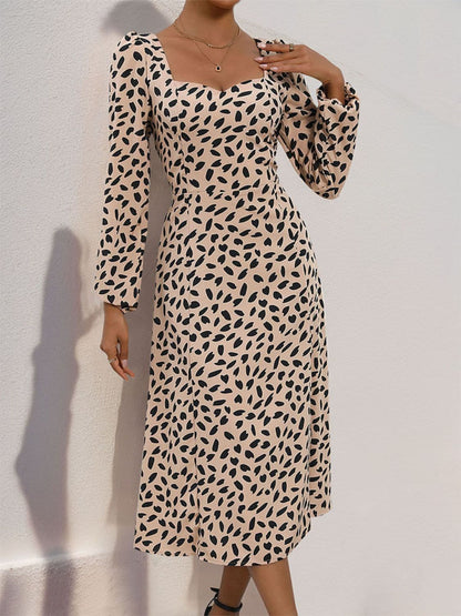 Tied Slit Printed Long Sleeve Midi Dress.