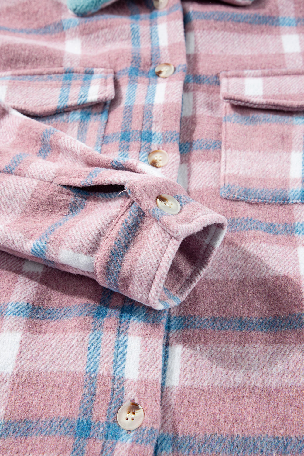 Pink plaid color block shacket with collared flap pockets