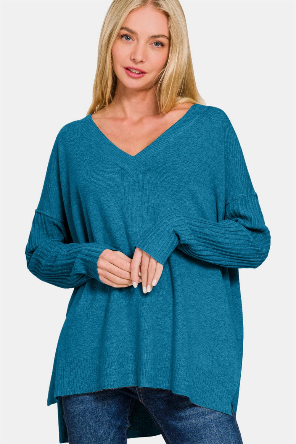 Chic V-neck high-low sweater with side slits