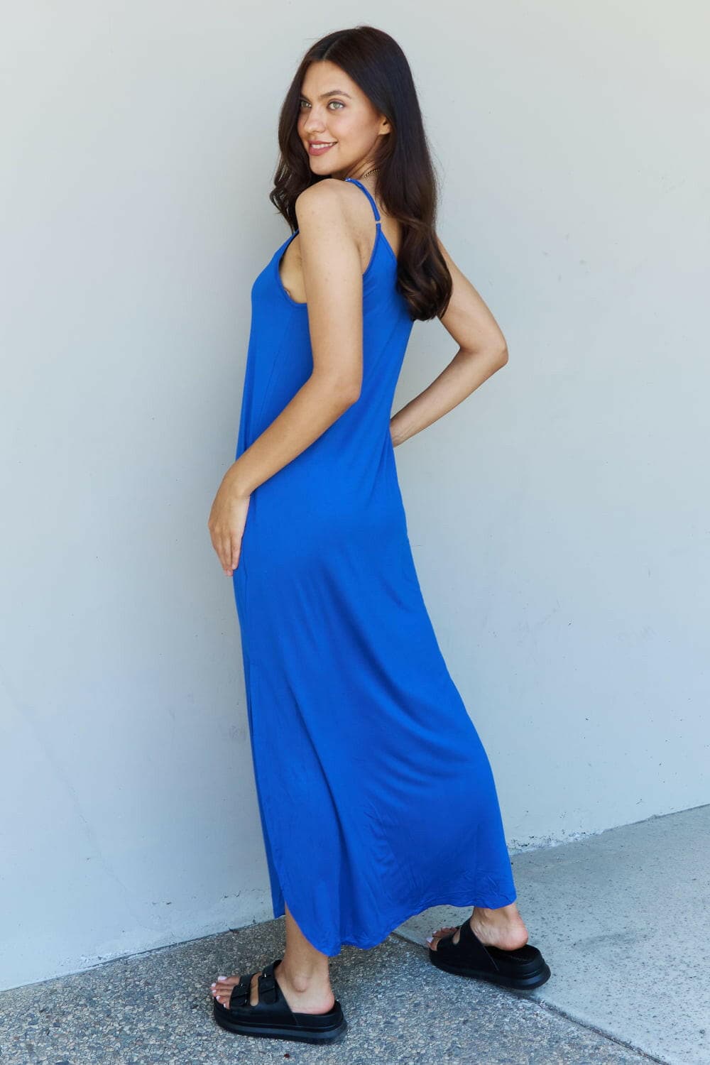 Ninexis Good Energy Full Size Cami Side Slit Maxi Dress in Royal Blue.