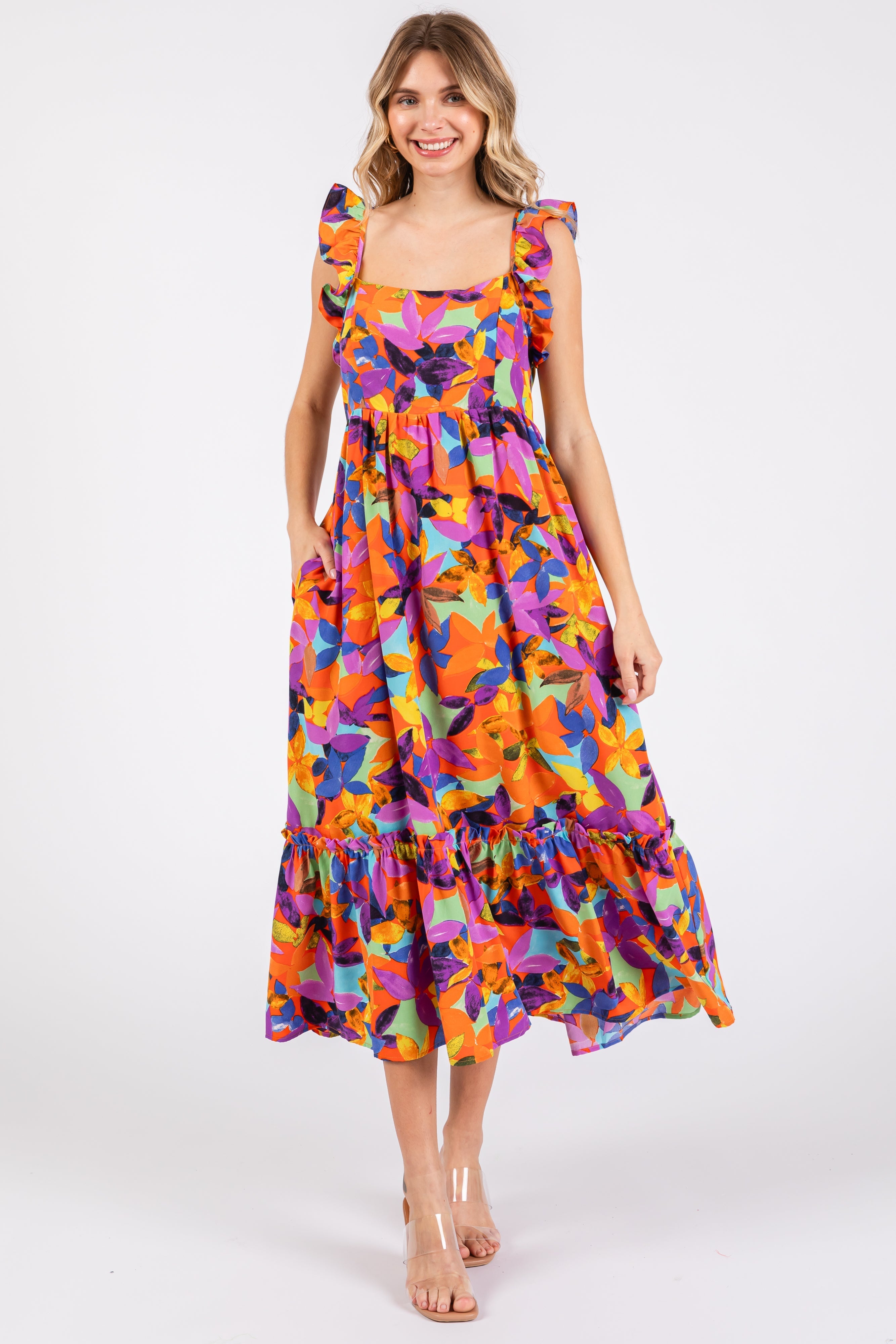 Orange Floral Satin Square Neck Ruffle Strap Midi Dress PinkBlush