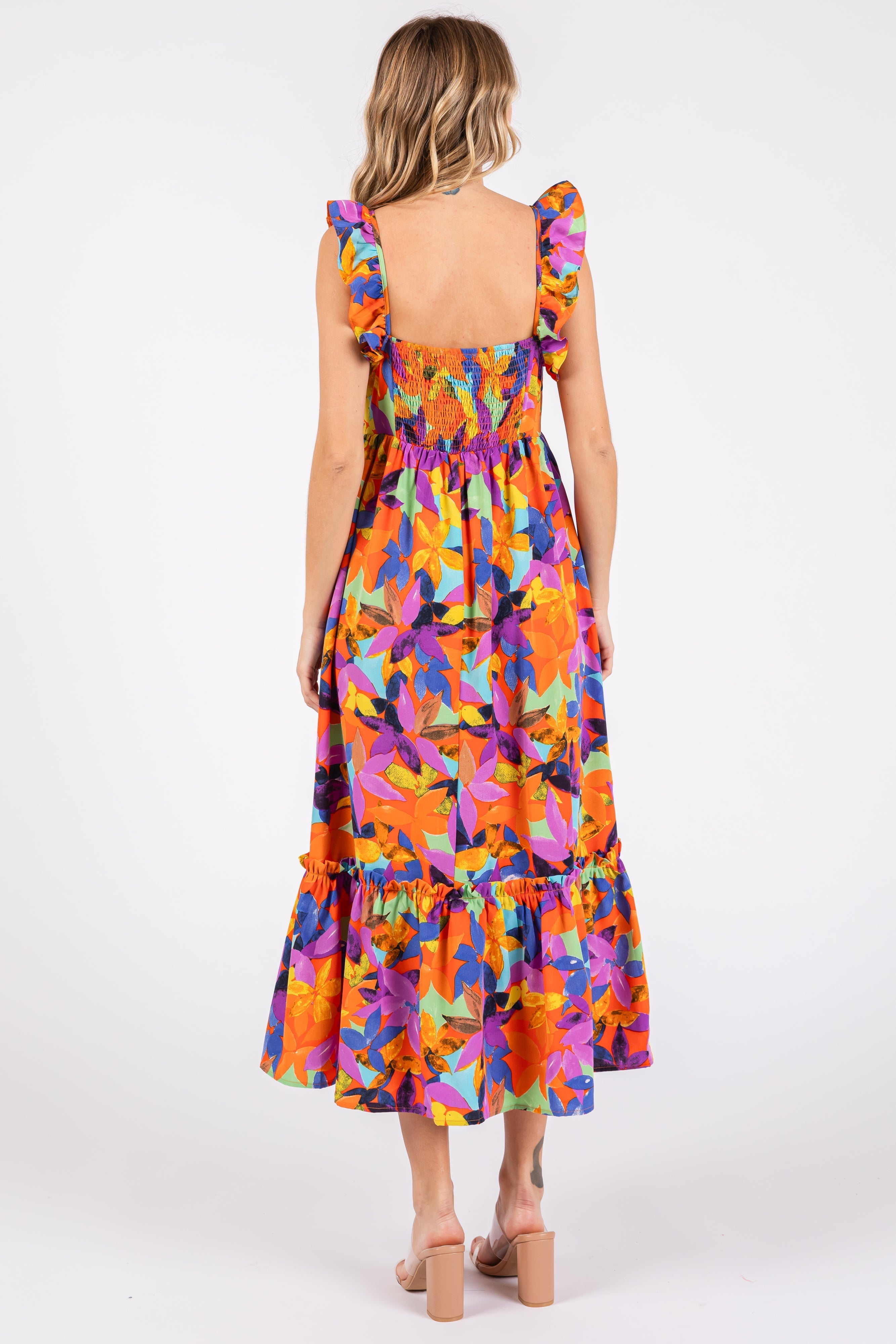 Orange Floral Satin Square Neck Ruffle Strap Midi Dress PinkBlush