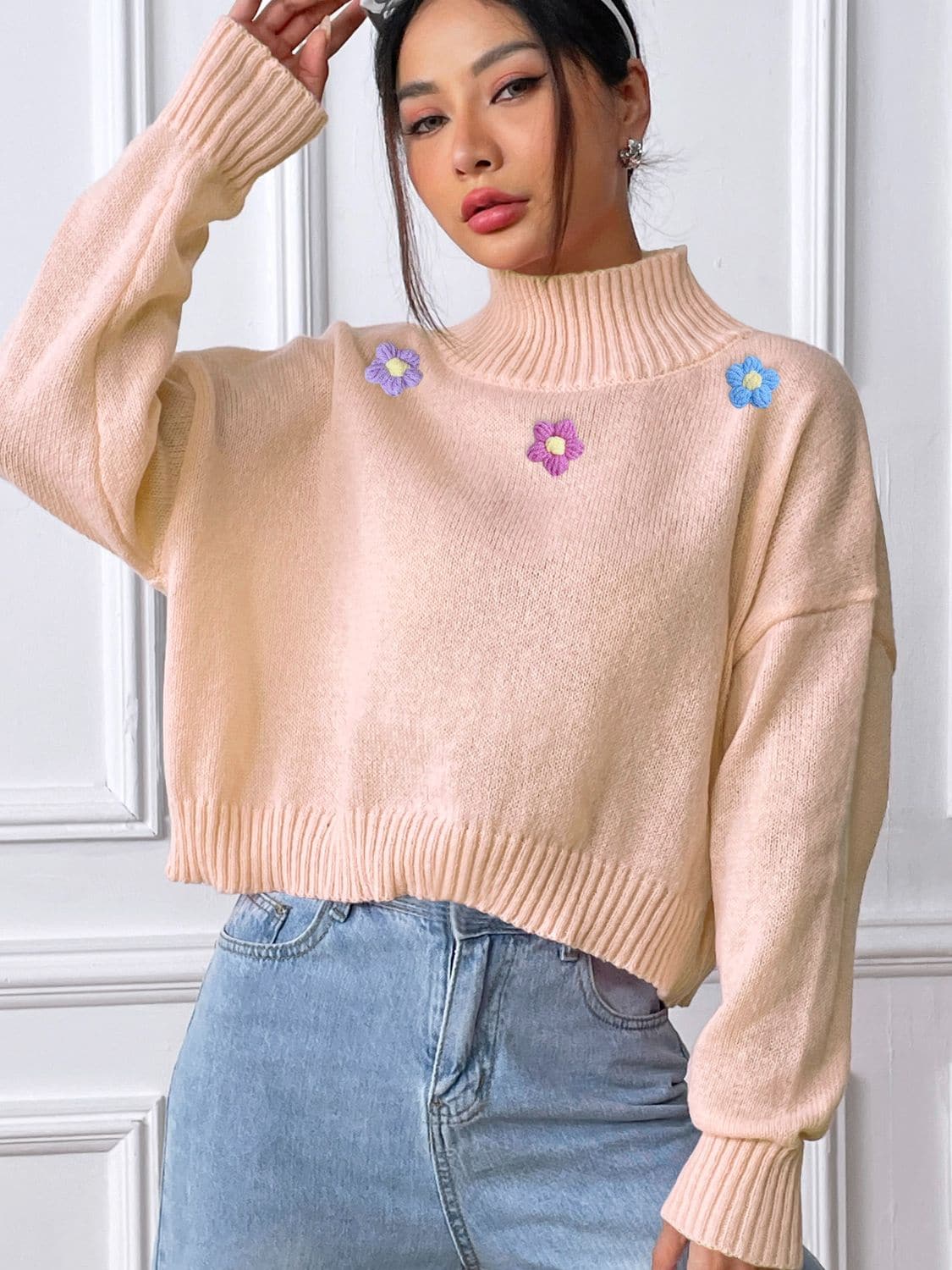 Floral elegance turtleneck long sleeve sweater