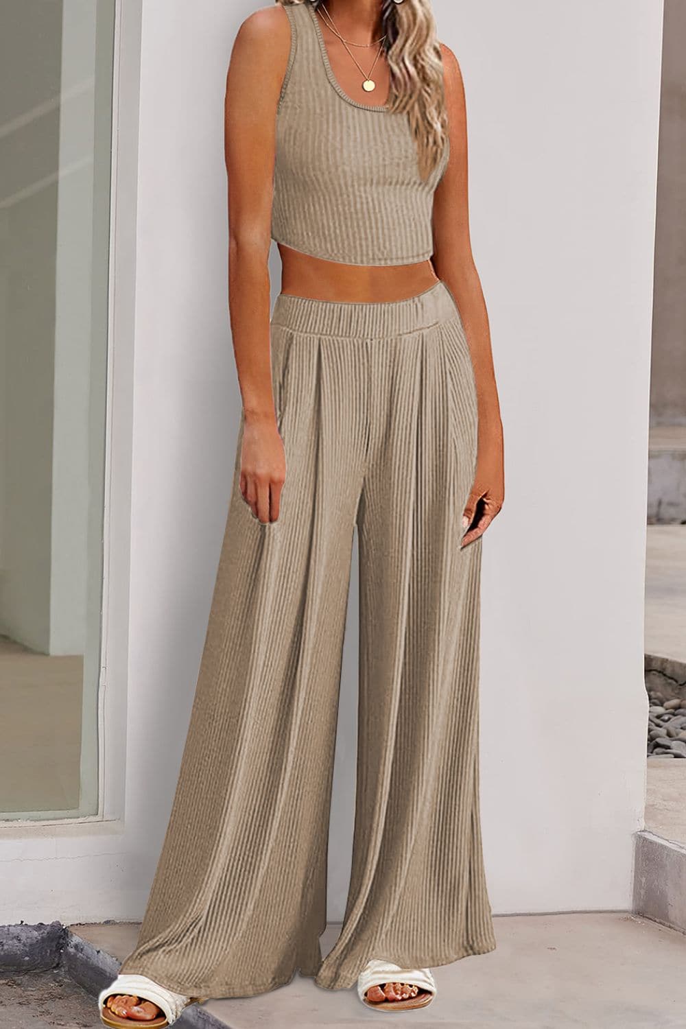 Scoop Neck Top and Wide Leg Pants Set.