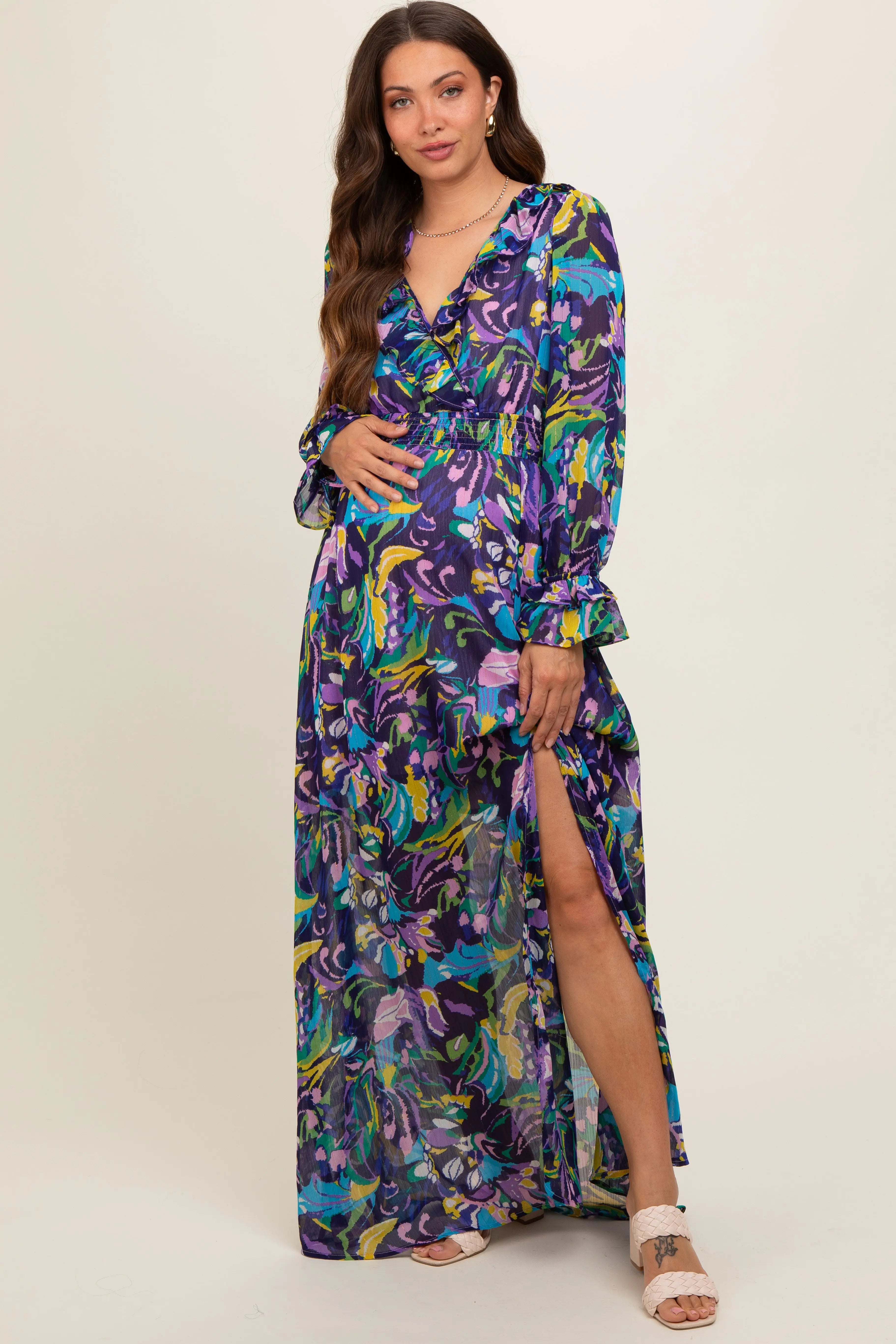 Purple Print Ruffle Long Sleeve Maternity Maxi Dress PinkBlush