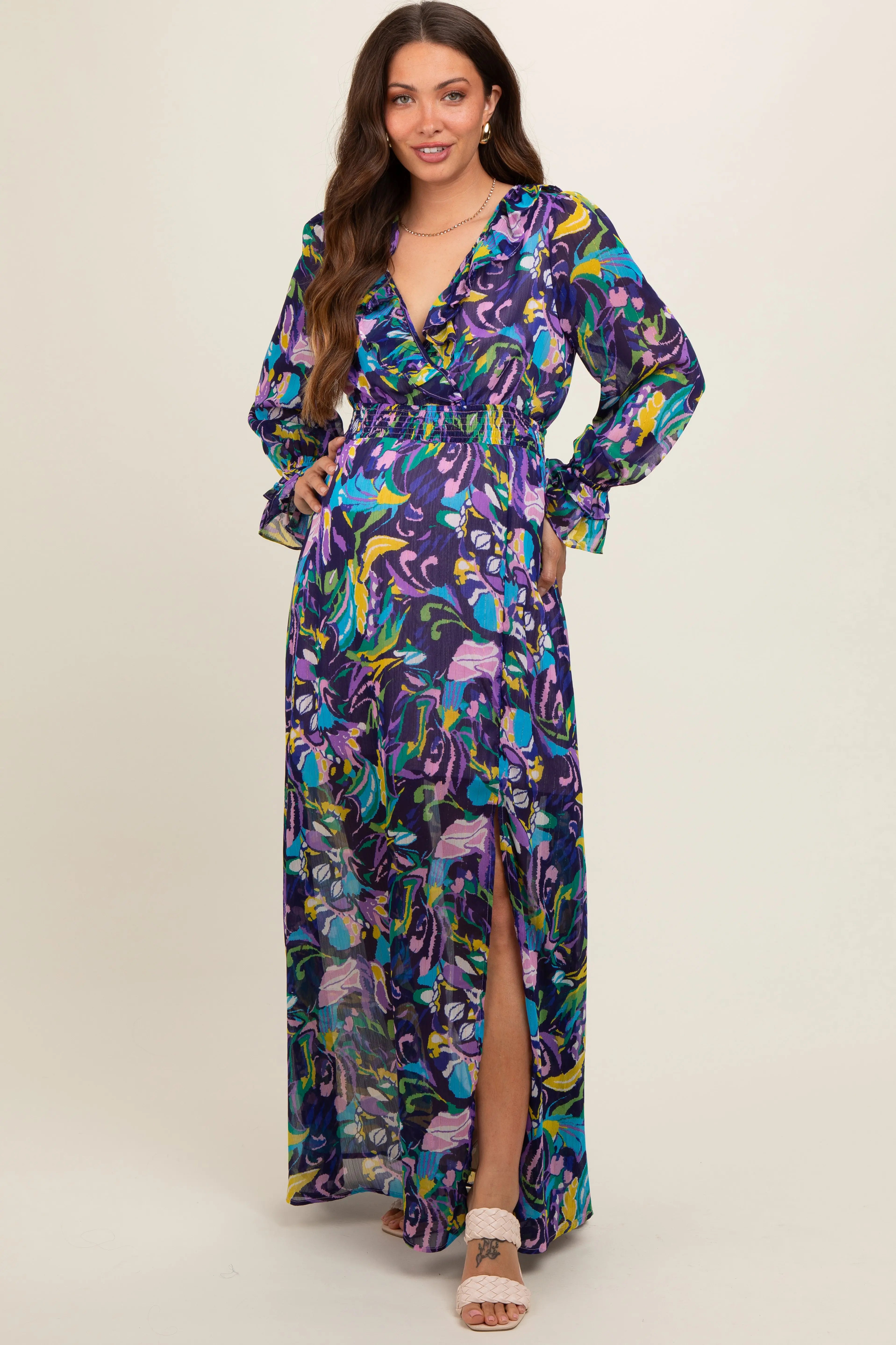 Purple Print Ruffle Long Sleeve Maternity Maxi Dress PinkBlush