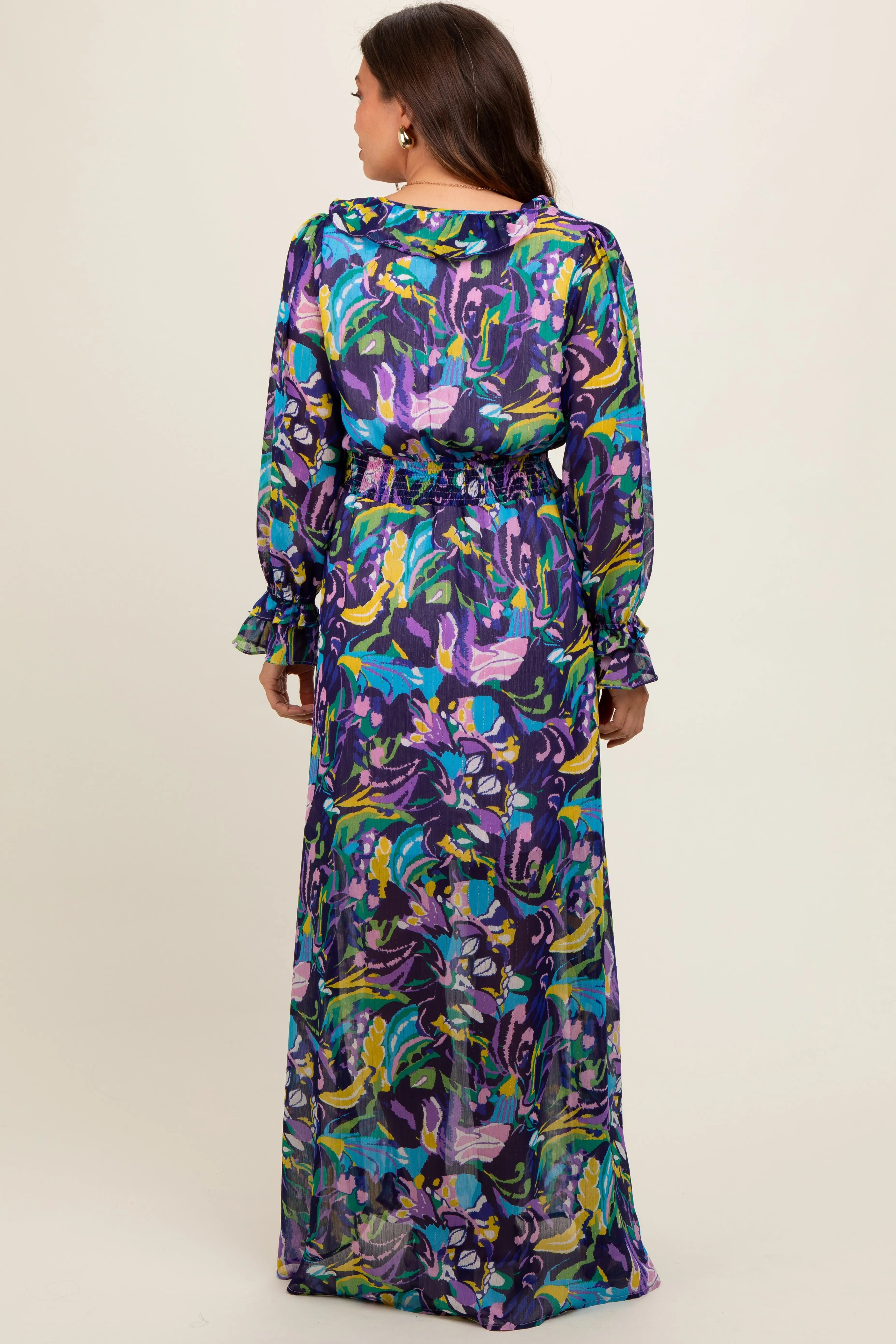 Purple Print Ruffle Long Sleeve Maternity Maxi Dress PinkBlush
