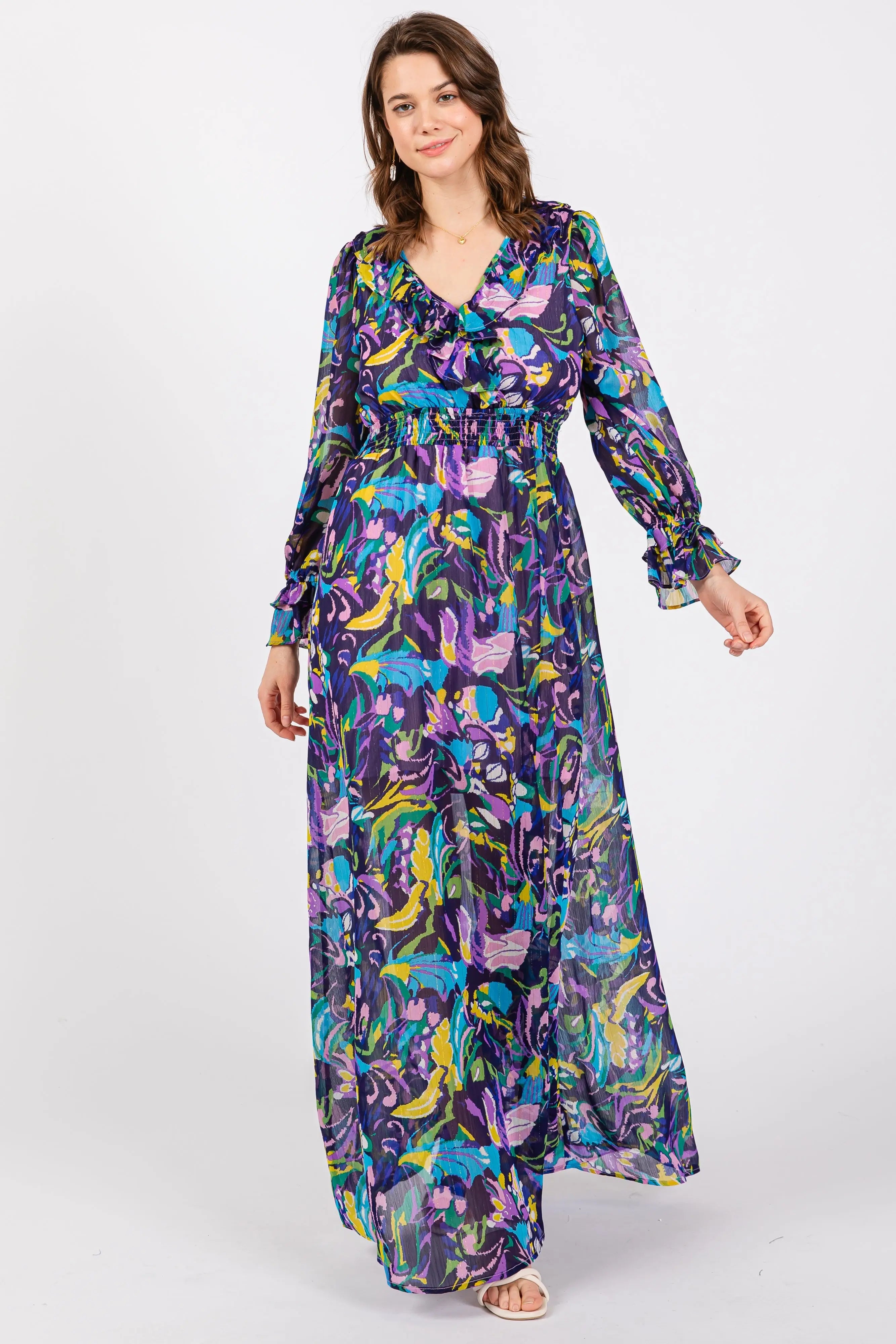 Purple Print Ruffle Long Sleeve Maternity Maxi Dress PinkBlush