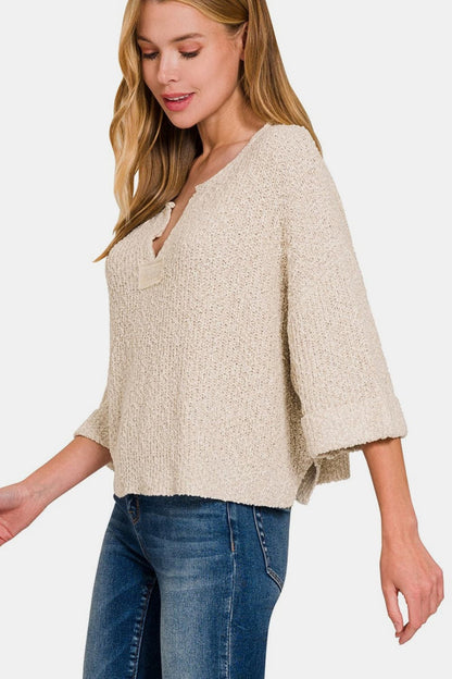 Zenana Notched Side Slit Patch Sweater.