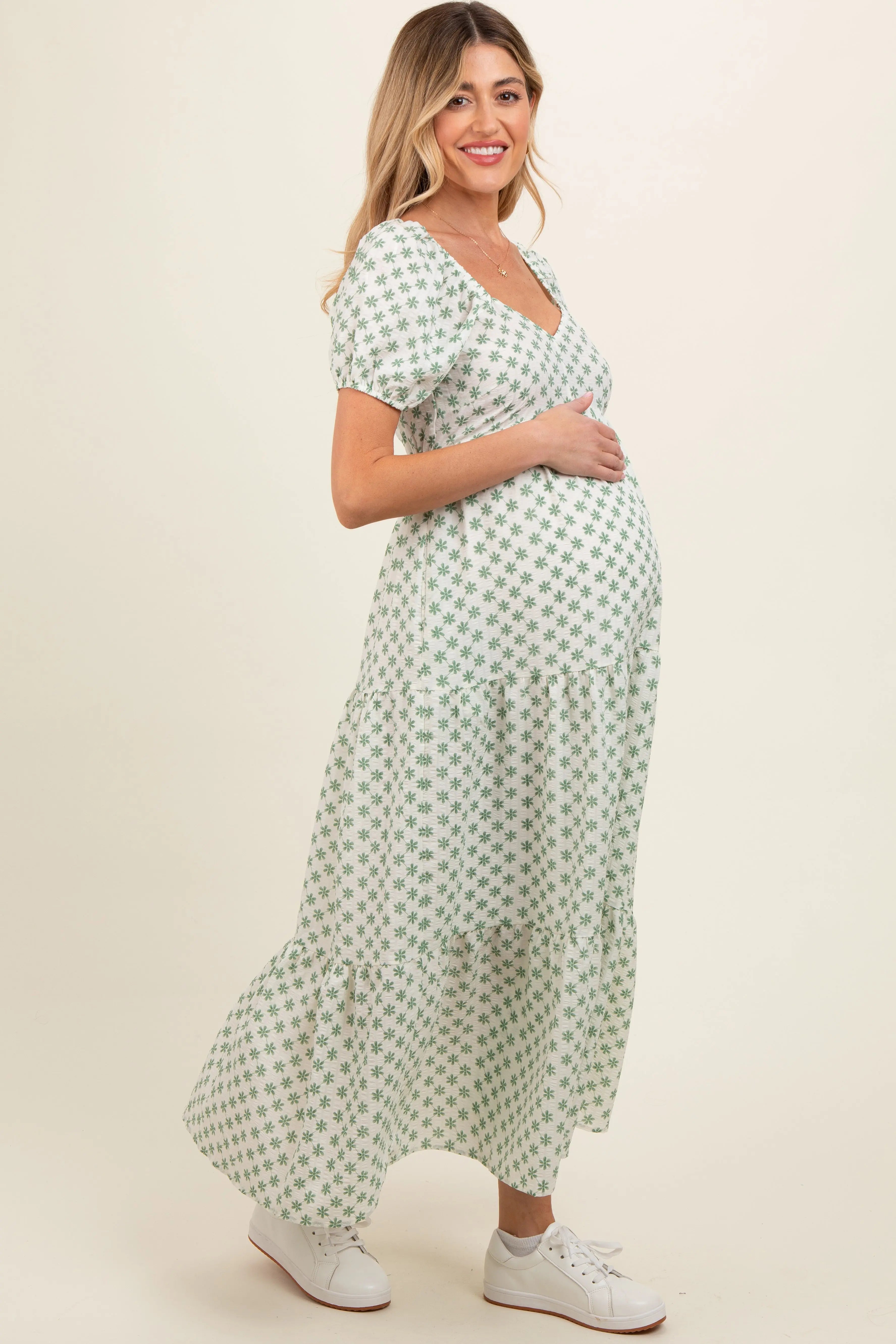 Green Floral Tiered Maternity Maxi Dress PinkBlush