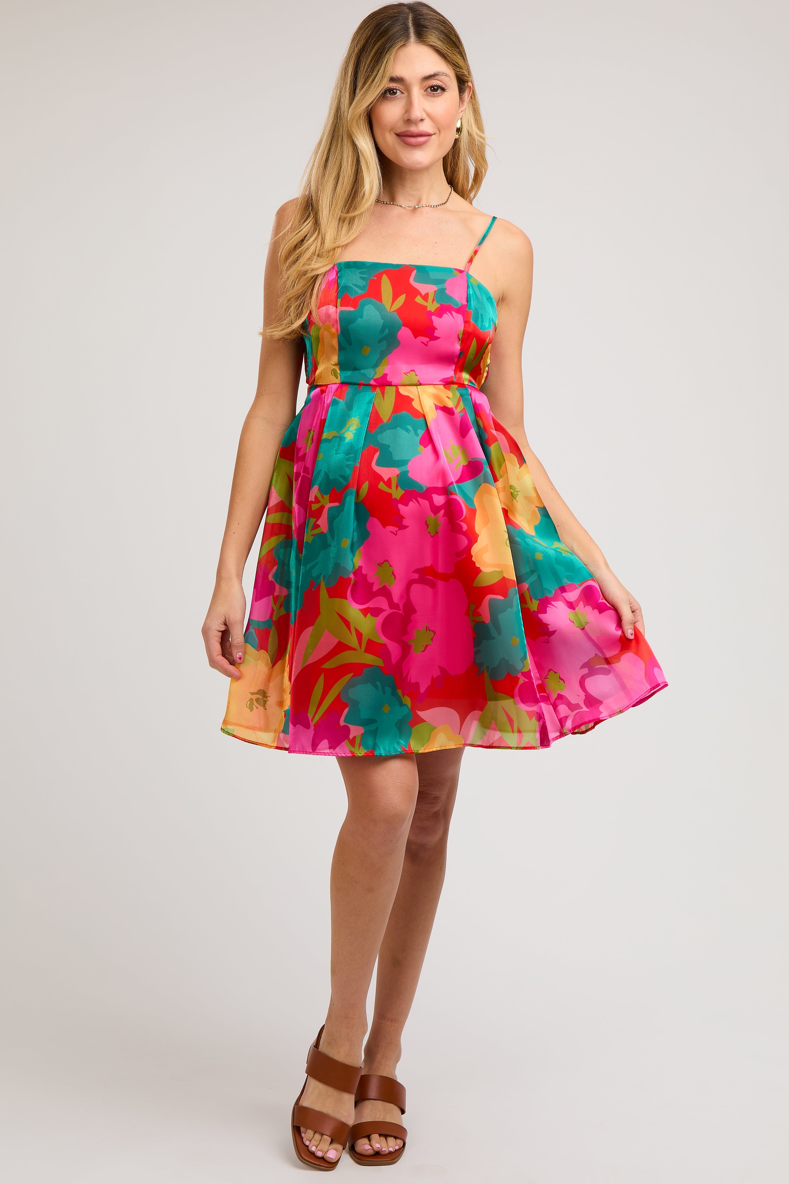 Red Floral Organza Square Neck Back Tie Maternity Dress PinkBlush
