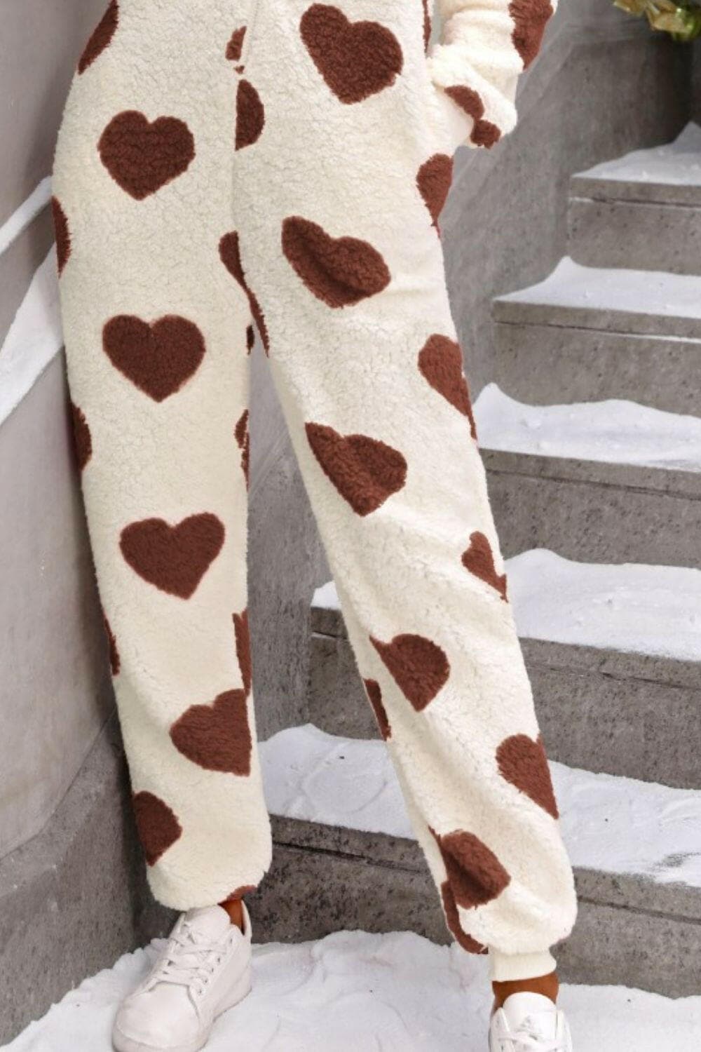 Fuzzy Heart Zip Up Hooded Lounge Jumpsuit.