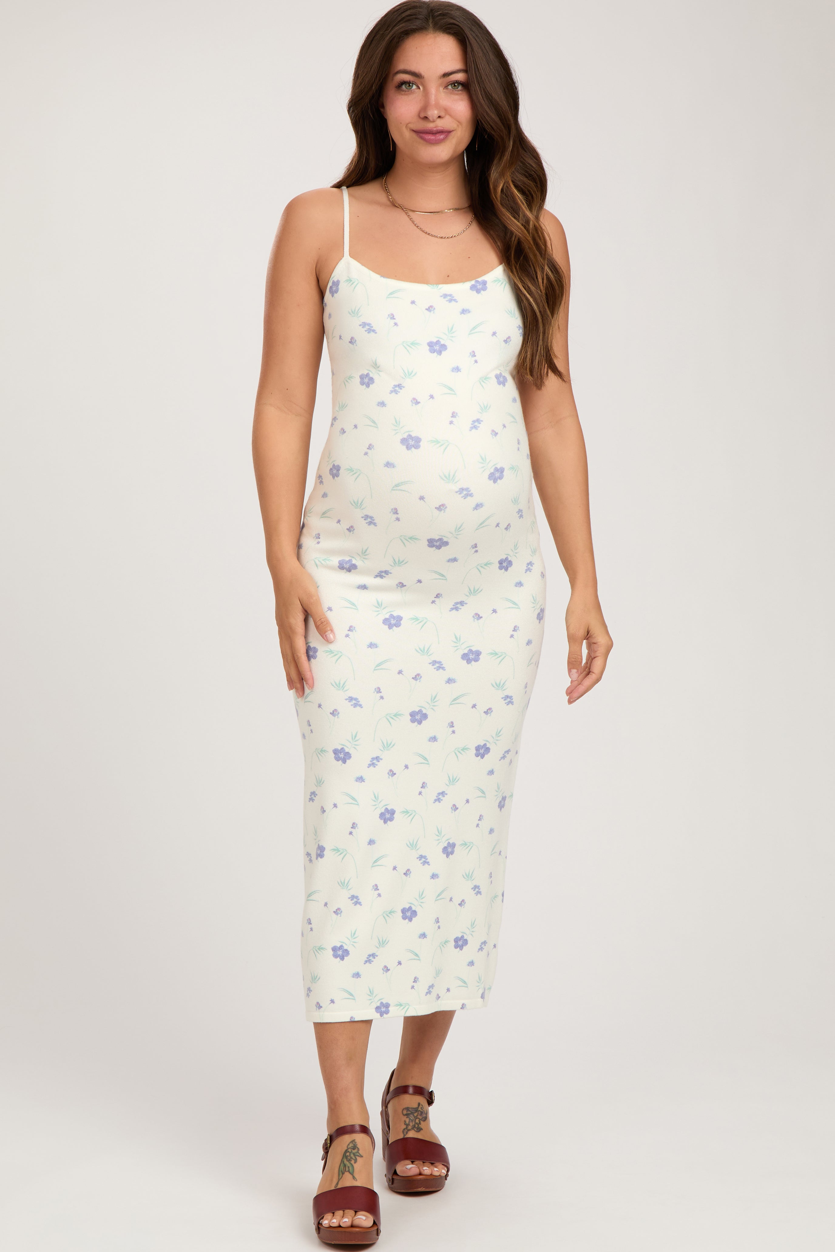 PinkBlush White Ultra Soft Knit Floral Sleeveless Maternity Midi Dress - Main Product Image