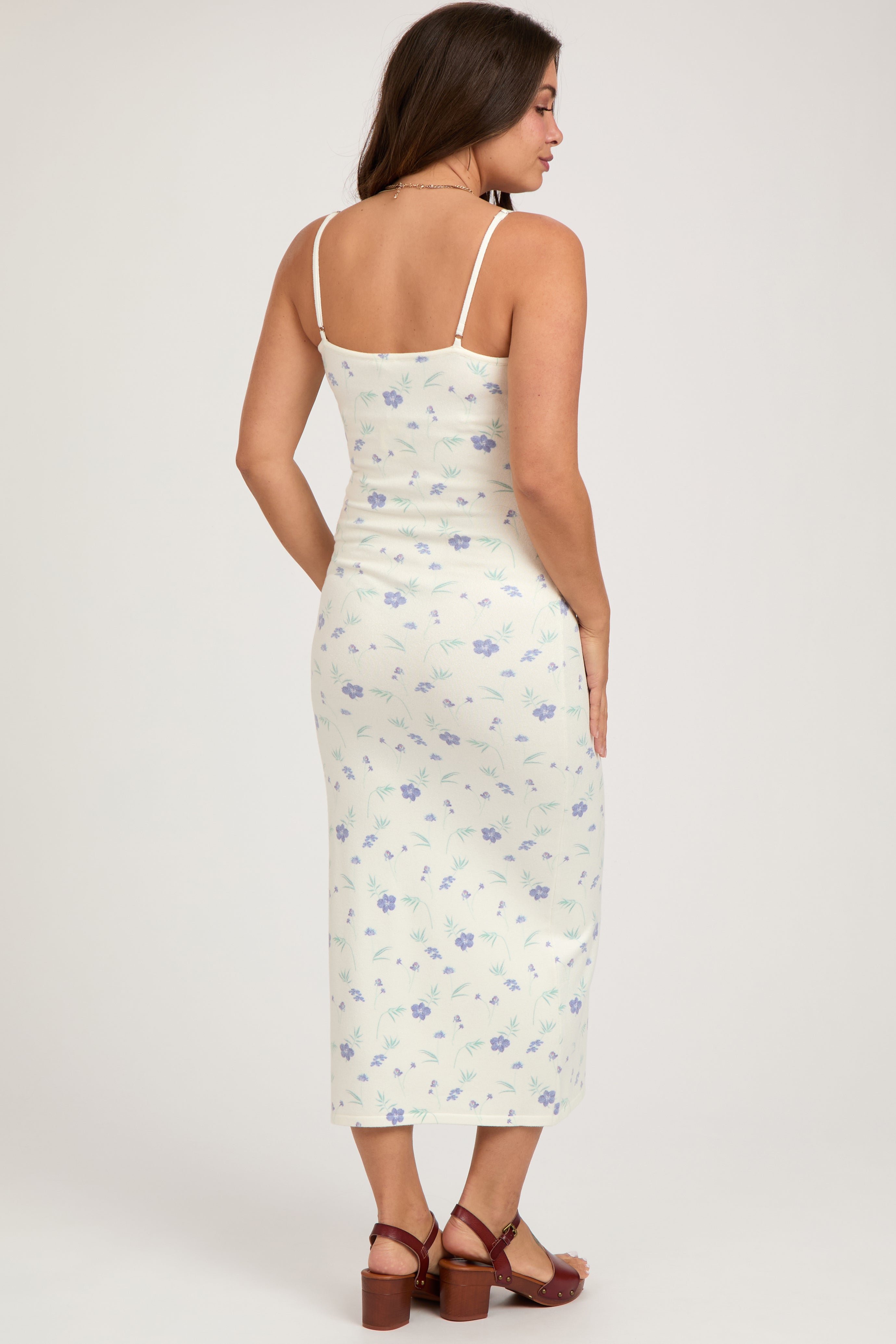 PinkBlush White Ultra Soft Knit Floral Sleeveless Maternity Midi Dress - Close Up