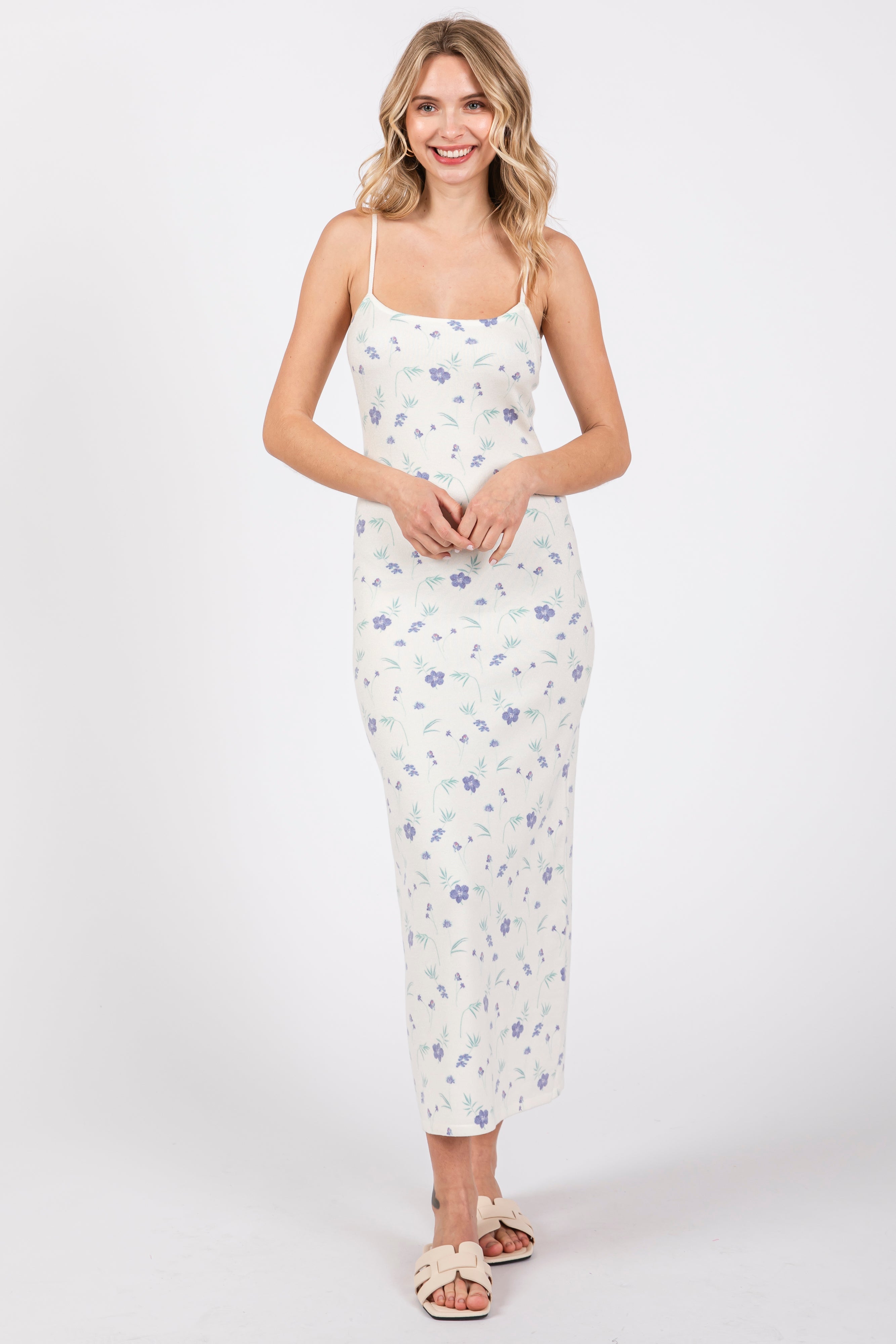 White Ultra Soft Knit Floral Sleeveless Midi Dress PinkBlush