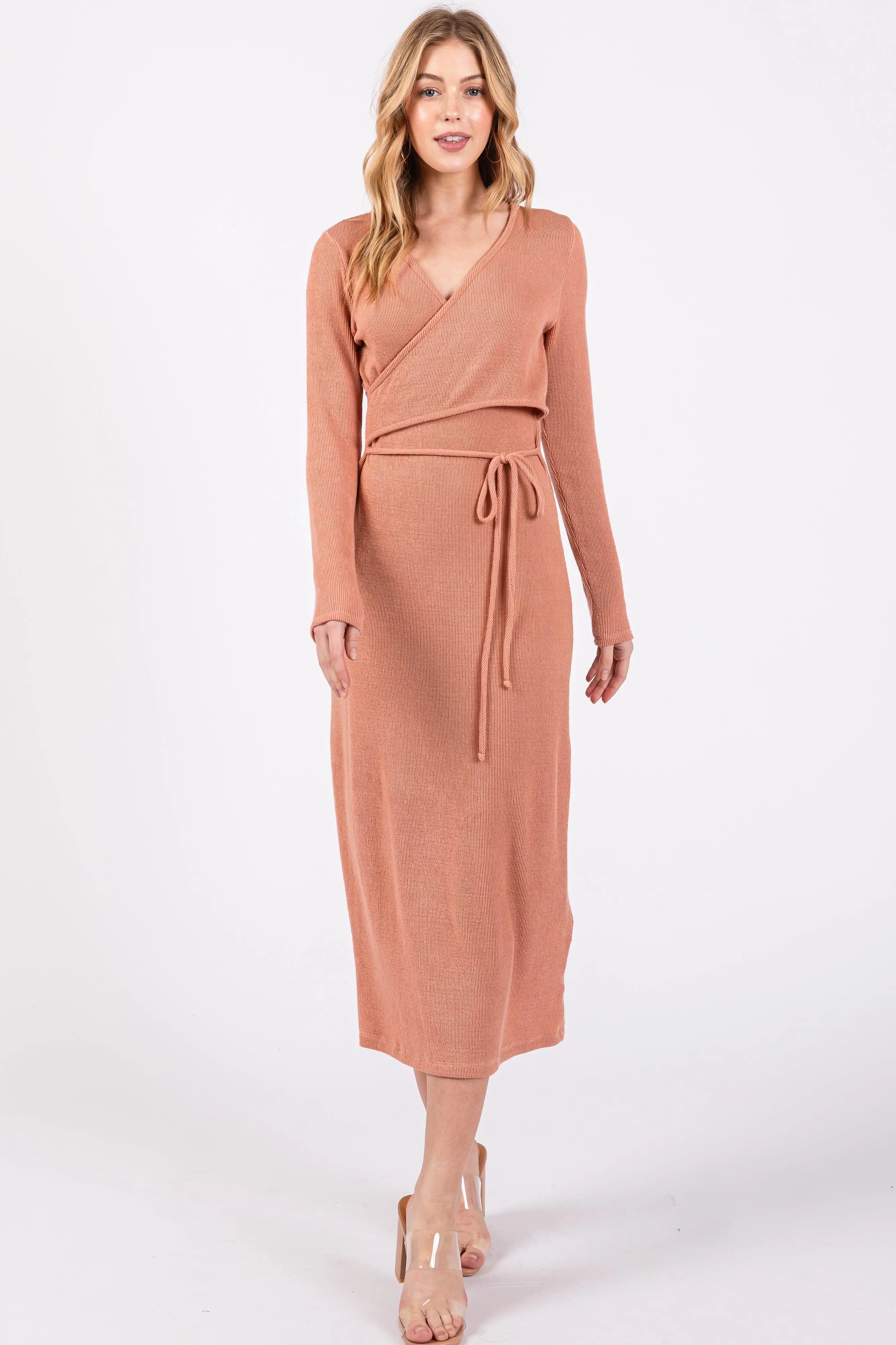 Rust Ribbed Long Sleeve Wrap Nursing Dress PinkBlush
