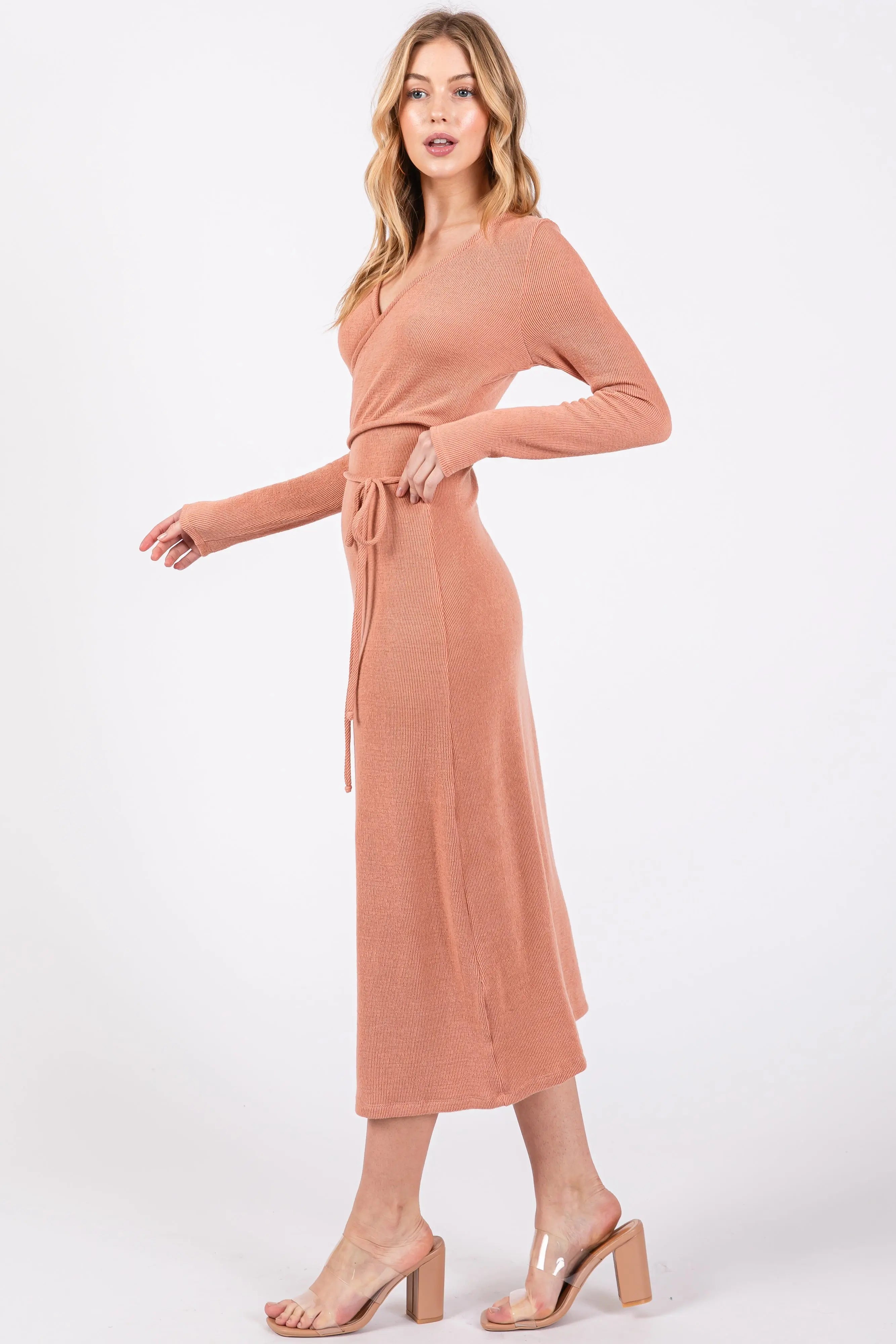 Rust Ribbed Long Sleeve Wrap Nursing Dress PinkBlush