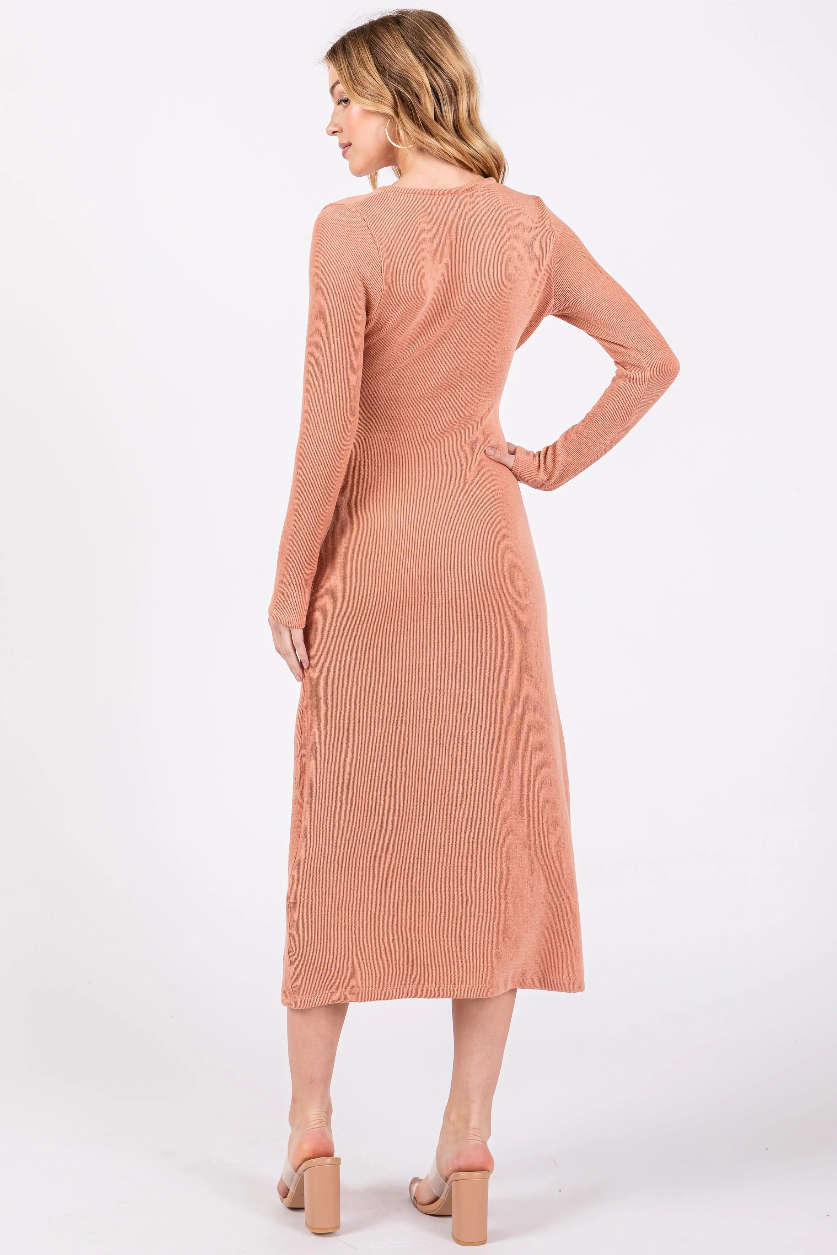 Rust Ribbed Long Sleeve Wrap Nursing Dress PinkBlush