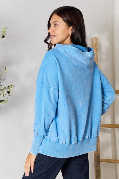 Zenana Half Snap Long Sleeve Hoodie with Pockets.