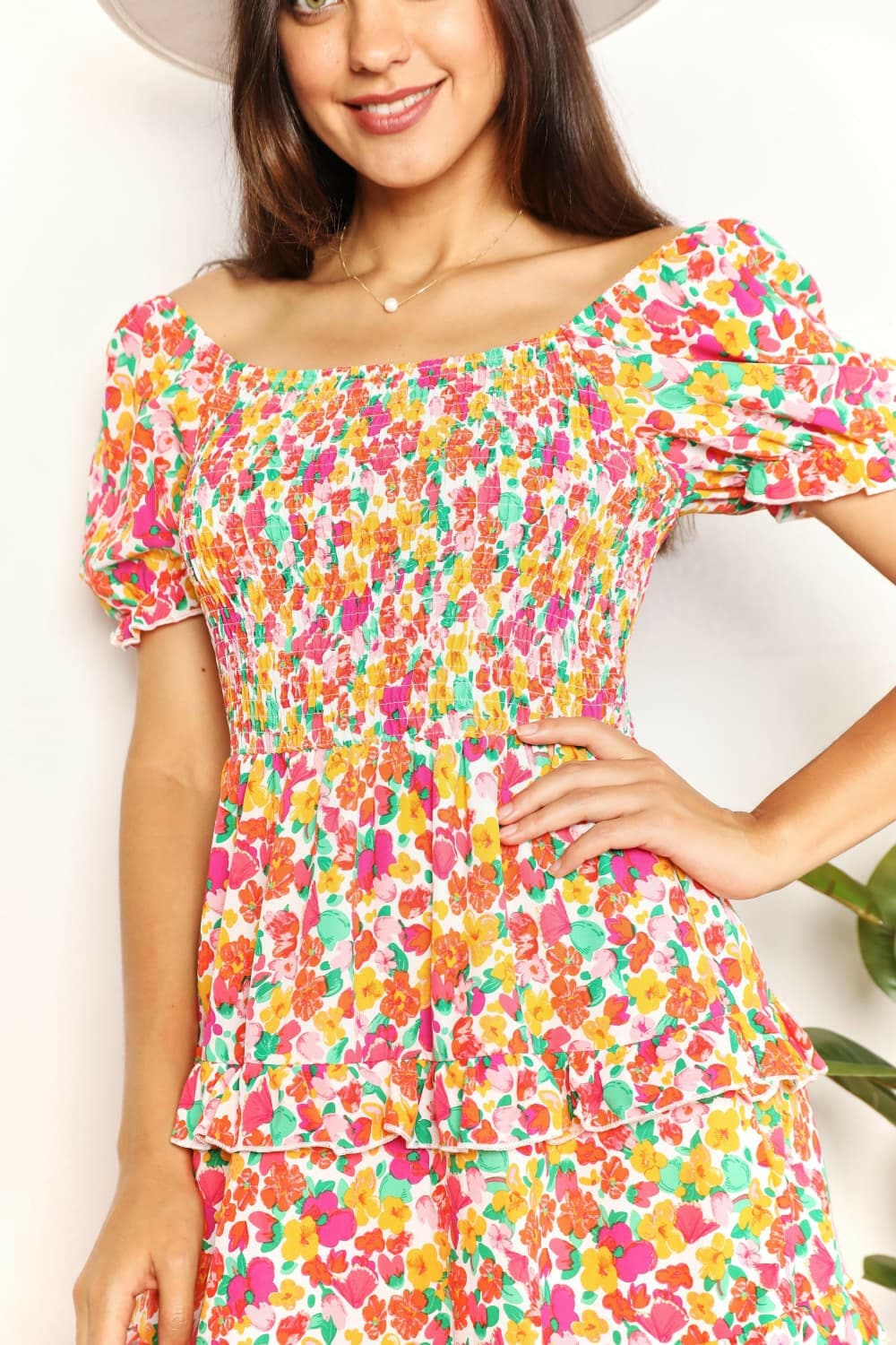 Smocked Sweetheart Neck Flounce Sleeve Mini Dress.