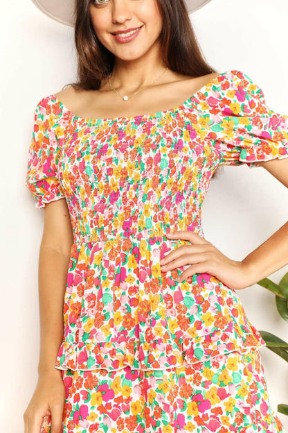 Smocked Sweetheart Neck Flounce Sleeve Mini Dress.