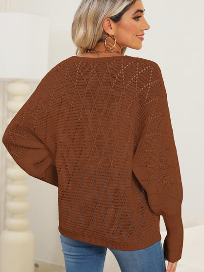 Lace-accented v-neck long sleeve knit sweater