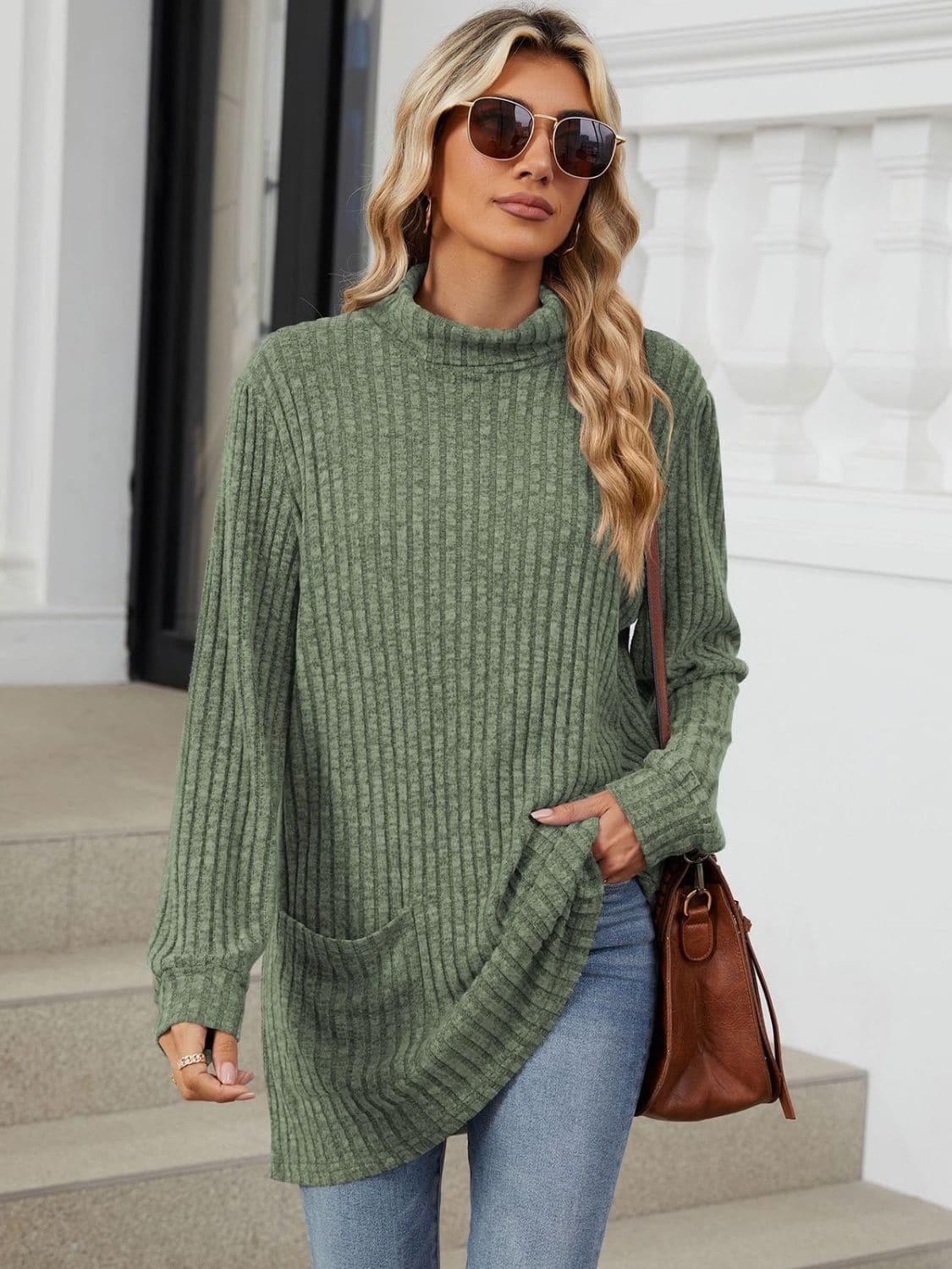 Ribbed Mock Neck Long Sleeve T-Shirt.