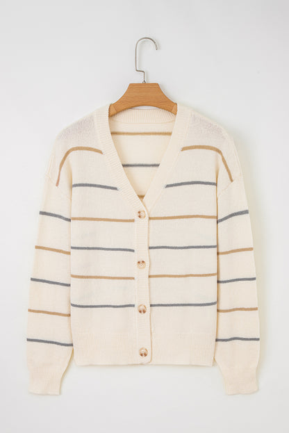 Multicolour Striped Buttoned V Neck Drop Shoulder Cardigan