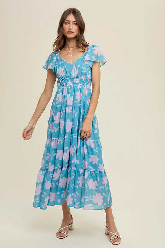 Blue Floral Flutter Sleeve Tiered Maxi Dress With Pockets PinkBlush