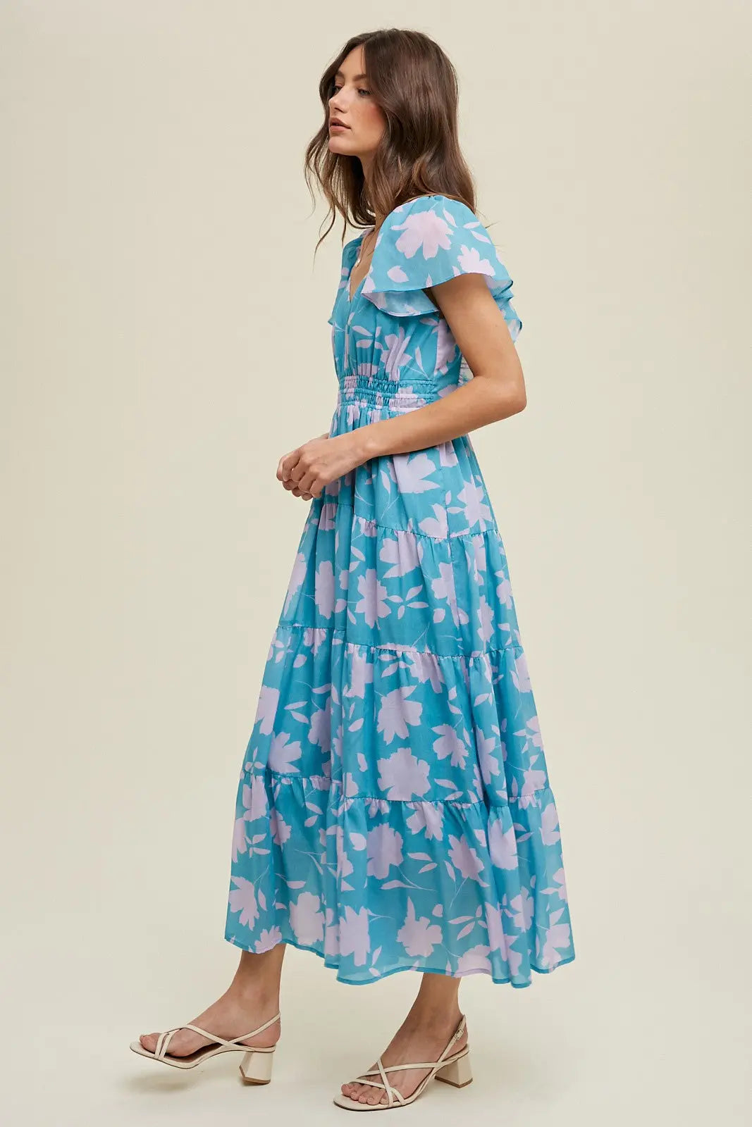 Blue Floral Flutter Sleeve Tiered Maxi Dress With Pockets PinkBlush