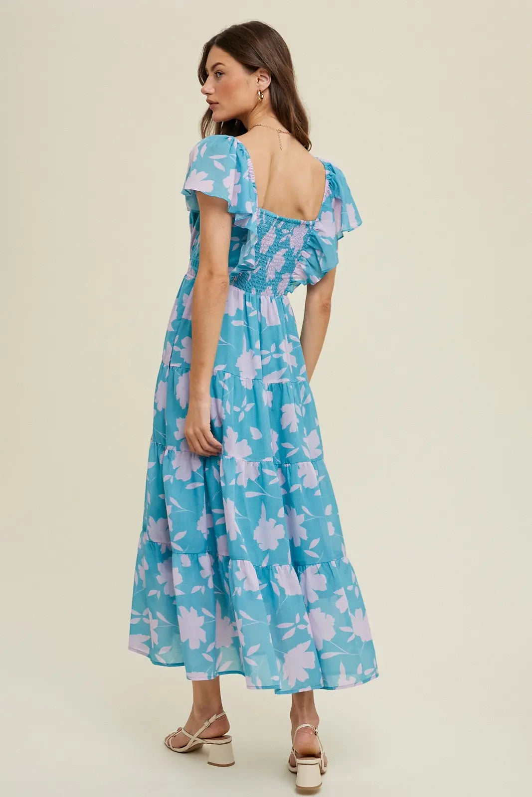 Blue Floral Flutter Sleeve Tiered Maxi Dress With Pockets PinkBlush