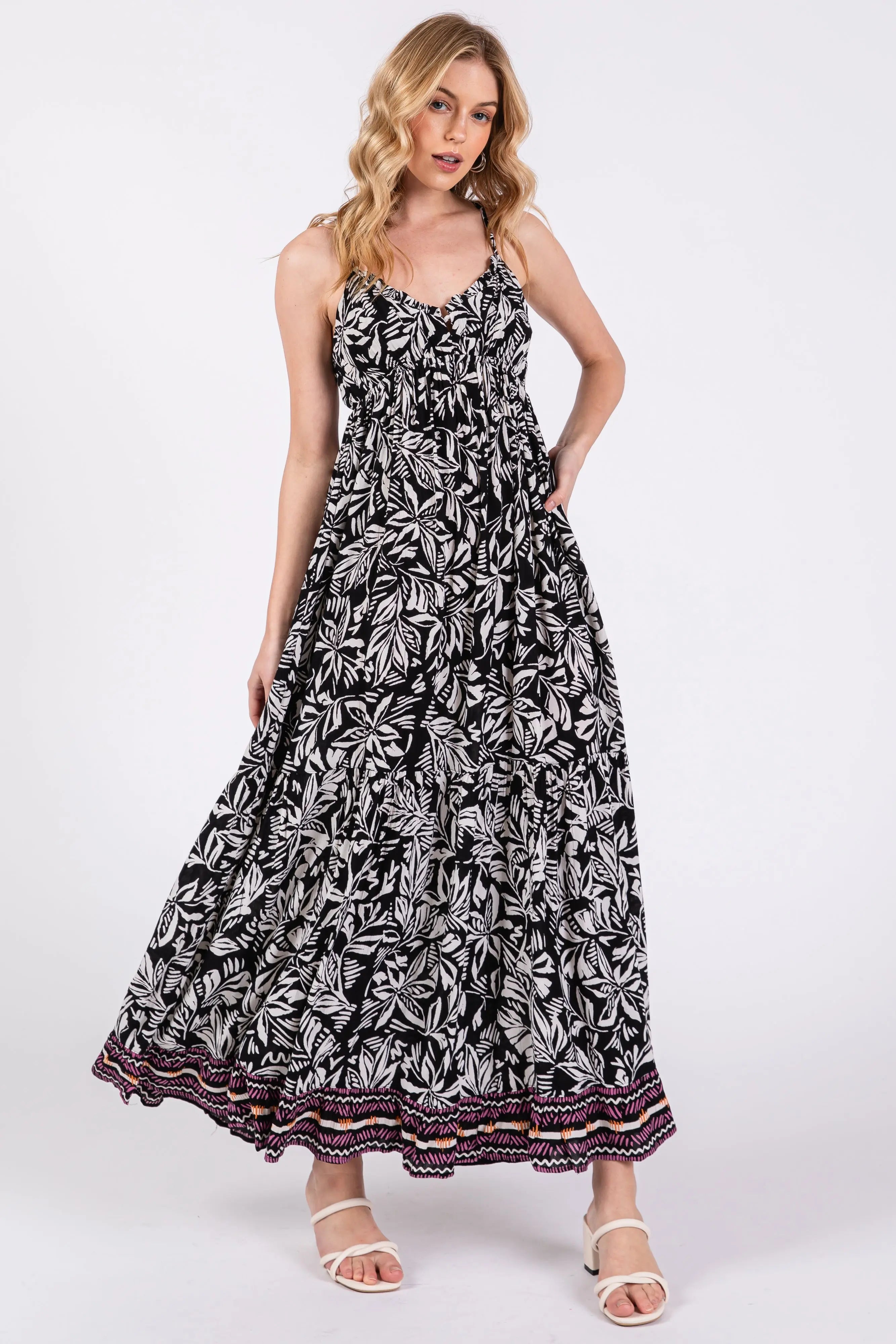Black Floral Sleeveless Back Tie Maternity Maxi Dress PinkBlush