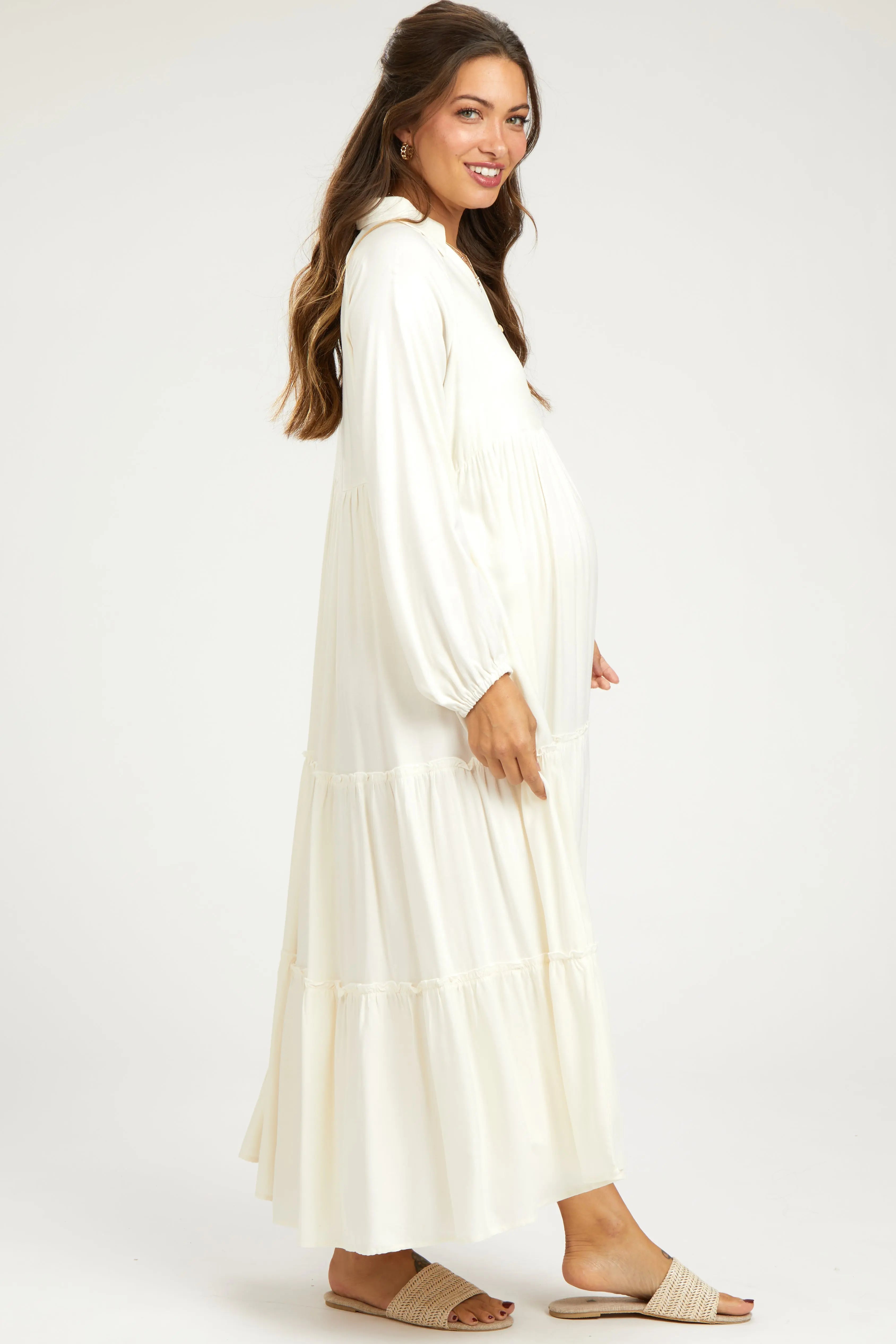 Ivory Button Front V-Neck Ruffle Tiered Maternity Midi Dress PinkBlush